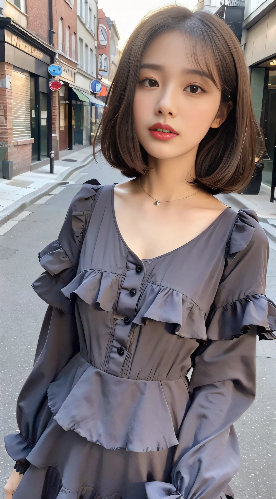 ((Best Quality, 8K, Masterpiece: 1.3)), (sweet_lolita:1.3), Focus: 1.2, Perfect Body Beauty: 1.4, Buttocks: 1.2, (Layered Haircut: 1.2)), (Dark Street: 1.3), Highly detailed face and skin texture, Fine eyes, Double eyelids, whitening skin, long hair, (round face: 1.5),