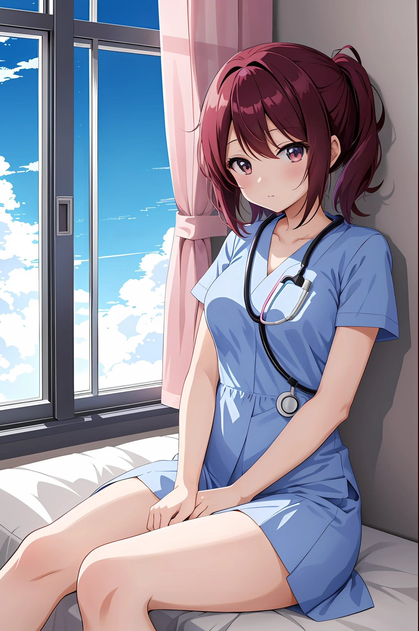 anime girl in a short dress sitting on a bed with a window, an anime drawing by Shitao, pixiv, serial art, nurse girl, with a stethoscope, doctor, (doctor), seductive anime girl, beautiful anime girl, attractive anime girl, 4 k manga wallpaper, (anime girl), 4k anime wallpaper, anime girl