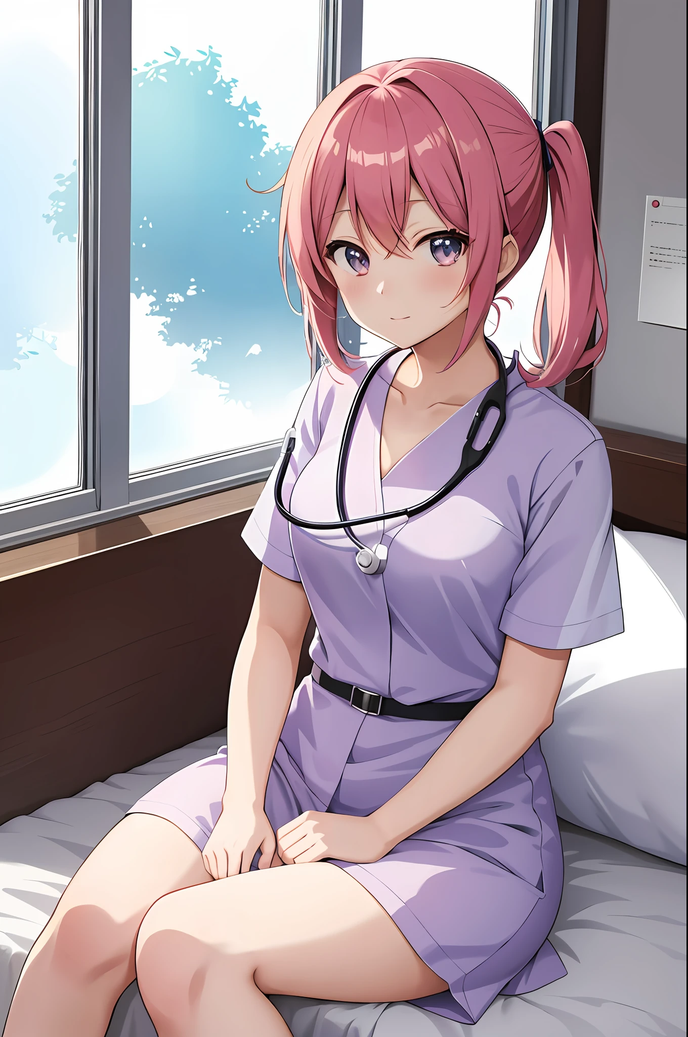 anime girl in a short dress sitting on a bed with a window, an anime drawing by Shitao, pixiv, serial art, nurse girl, with a stethoscope, doctor, (doctor), seductive anime girl, beautiful anime girl, attractive anime girl, 4 k manga wallpaper, (anime girl), 4k anime wallpaper, anime girl