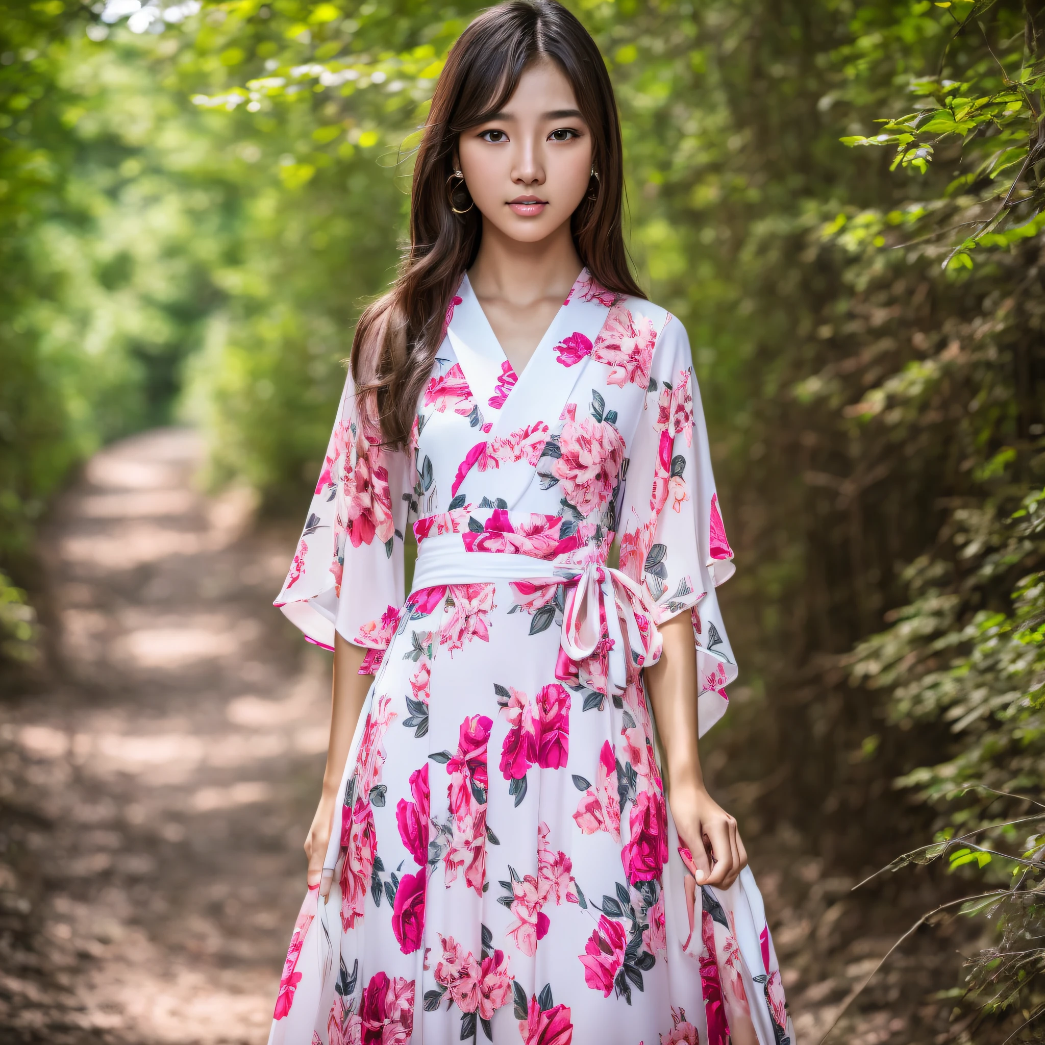 8k, RAW photo, top quality, masterpiece: 1.2), (realistic, photorealistic: 1.37), 1 girl, Japan, very beautiful face, freckled glossy face, 18 years old, female, professional lighting, photon mapping, radiosity, big, frugal, thin lashes, pink lip, slender, crotch, big, floral long dress --auto --s2
