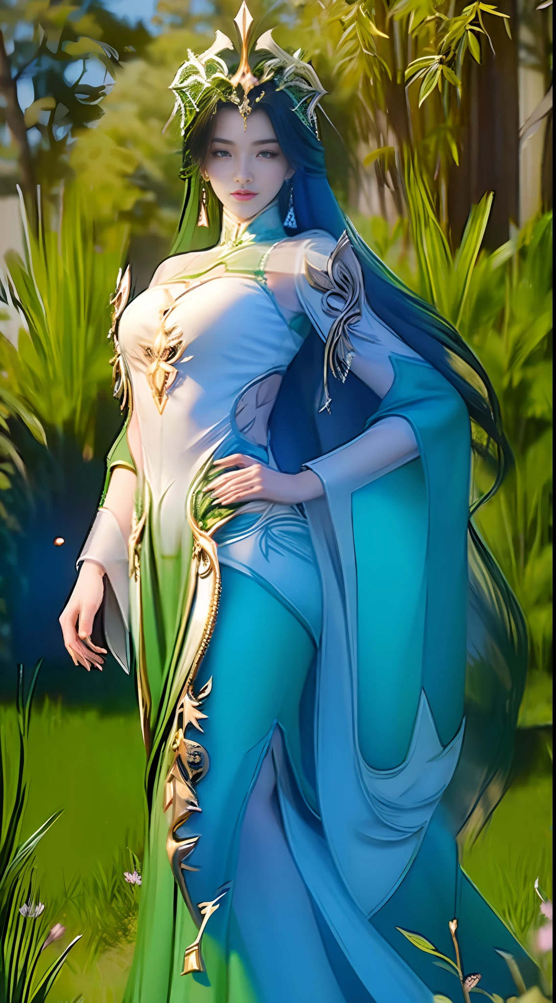 nsfw, masterpiece, super-fine, semi-realistic, detailed facial features, 1girl, black hair, long hair, wearing detailed and complex martial arts costumes, dignified and cold expression, stepping on willow branches, with a halo on the back: 1.5, a little green pattern on the white clothes all over: 1.5, jade super long headdress, national comic goddess, heaven and earth color change, green enchantment on the back