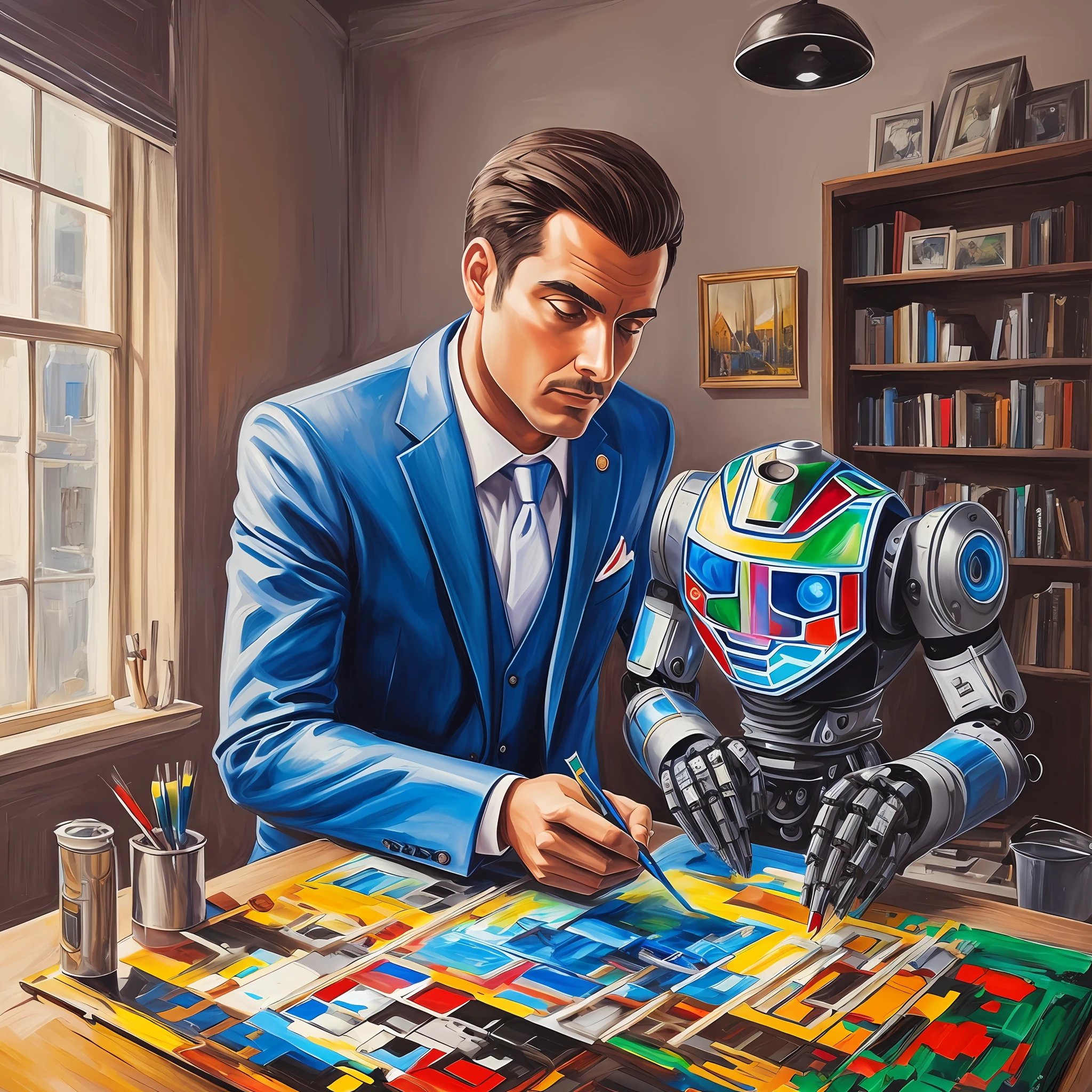 robot painting a picture next to a man in a suit --auto --s2