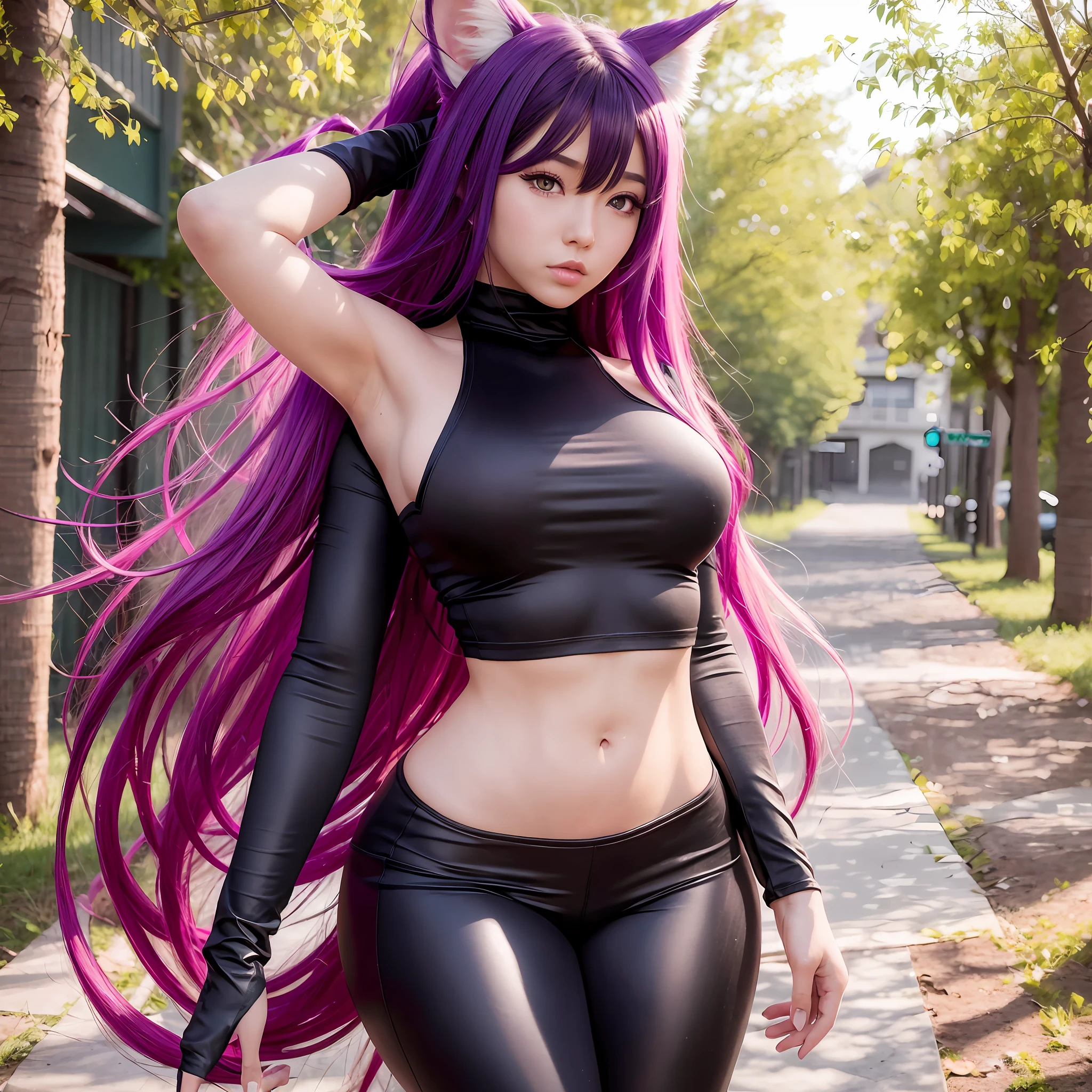 Ahri from league of legends, standing, black leggings, gym, best quality, beautiful face, realistic photo, 8K UHD, DSLR, high quality, high resolution, 8K, bottom-up view, looking down, big eyes, heart pupil --auto --s2
