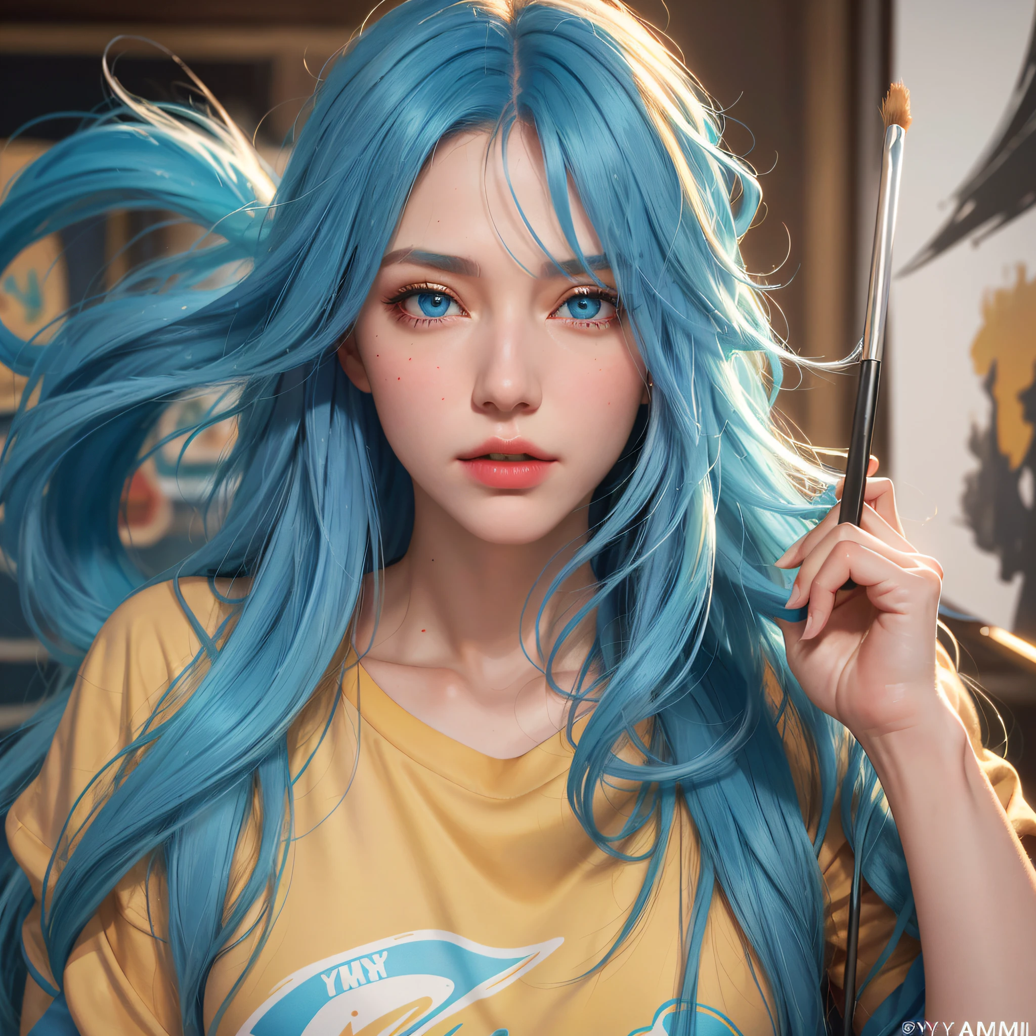 8k, Best Quality, (Beauty), High Resolution, Realistic, Real Person, Long Sky Blue Hair, Golden Eyes, Amber Eyes, Professional Digital Painting, Wild Brush Strokes, Concept Art, Award-Winning Photography, Cinematic, WLOP, Color Block, Pop, Hip, Andy Warhol Art, Ilya Kubushinov by Yoshitaka Amano