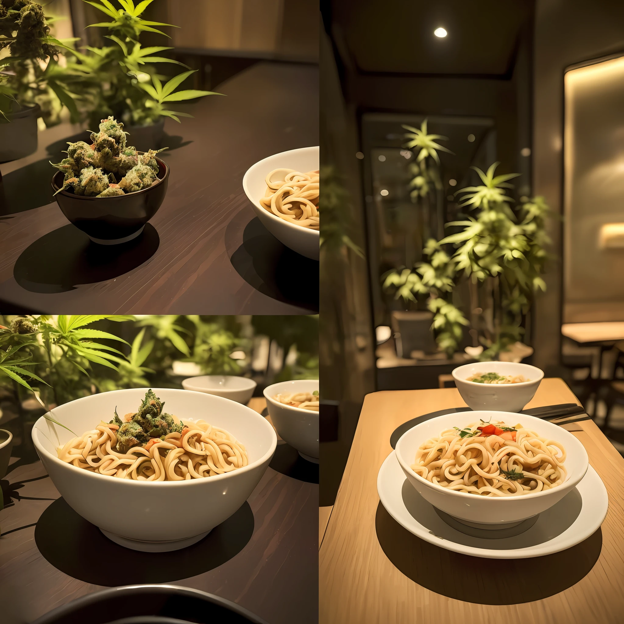 Please describe the scene of enjoying delicious cannabis dipping noodles in a fashionable restaurant. The interior of the restaurant is decorated with a modern interior and has a calm atmosphere. Bright lighting illuminates the elegant space, and soothing music plays in the store.

Beautiful ceramic vessels are placed on the table, with hot noodles and sumptuous ingredients. The cannabis tsukemen soup has a rich and deep aroma that intertwines with the noodles and looks delicious. The topped ingredients are fresh and colorful, and just looking at them will whet your appetite.

Pleasant conversations and laughter echo in the store, and a relaxing time passes. Fashionable customers enjoy cannabis noodles and have a wonderful time with their meals. The clerks also serve customers with a smile and welcome them warmly.

In this way, we have provided a depiction of realistic cannabis dipping noodles that can be enjoyed in a fashionable store. Please tell us specifically about the atmosphere and interior of the restaurant, the appearance and smell of the food, and the state of the customers. Also, let us know about your favorite ingredients and toppings, as well as the relationships and conversations between the people around your meal.