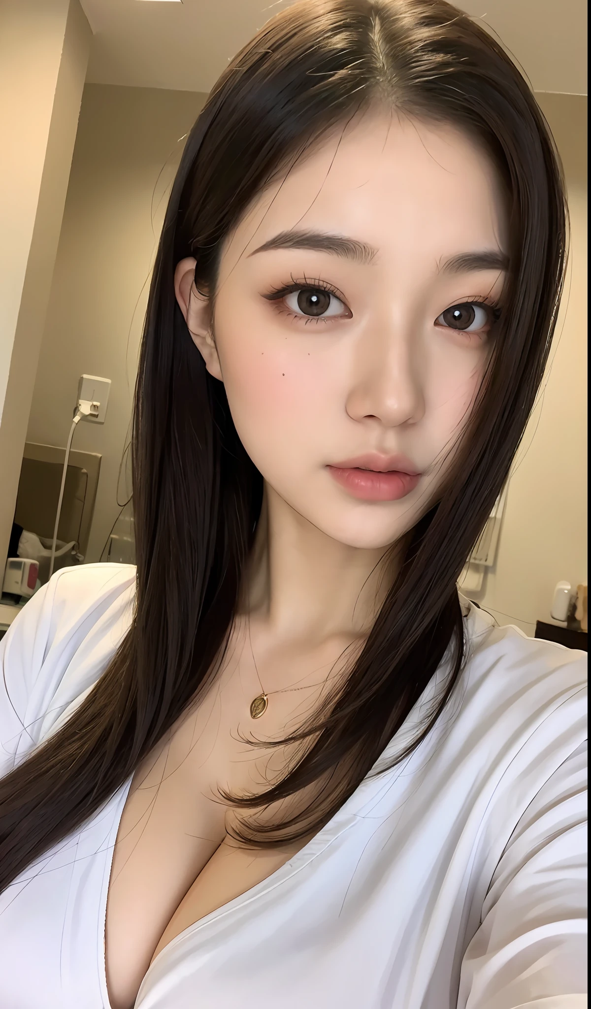 (masterpiece:1.2), (ultra detailed:1.0), 20 year old girl, tareme, large breasts, looking at viewer, nomakeup, blurry background, hospital, (nurse:1.0)