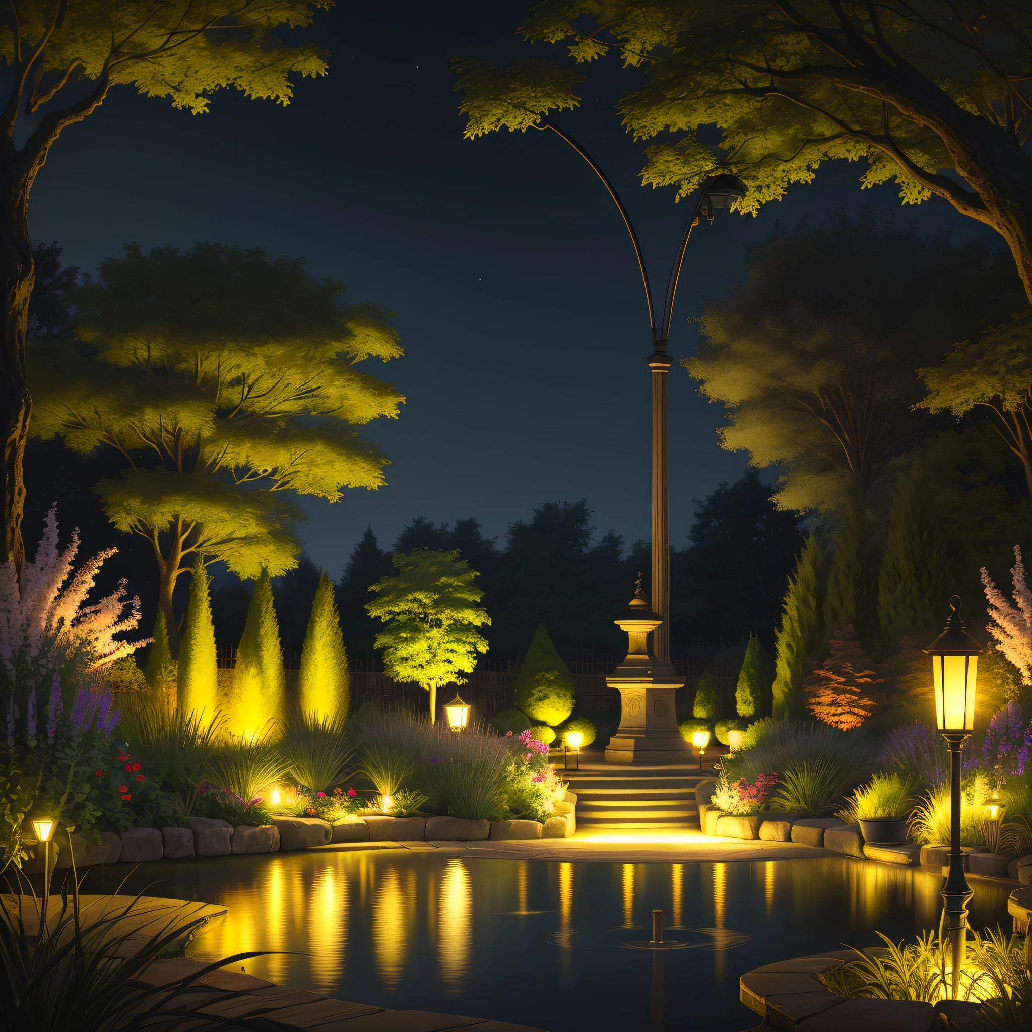 a garden with a light fountain in a pond and lampposts lit at night