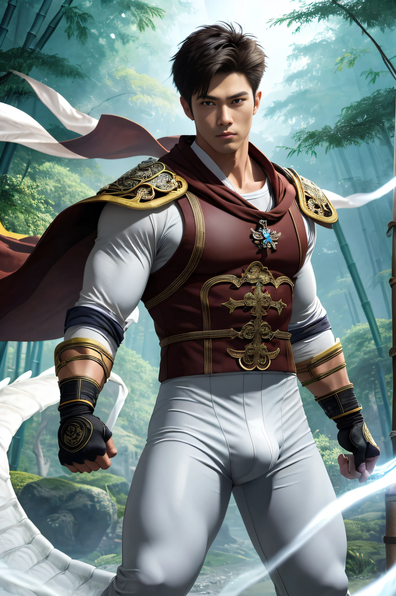 (Absurd, High Resolution, Super Detailed), Asian, 1 male, eighteen-year-old boy, handsome, tall muscular man, broad shoulders, very short hair, bottom cut, dark brown eyes, fine eyes and detailed face, extremely detailed CG Unity 8k wallpaper, intricate details, (style swirl magic: 0.7), looking at the audience, solo, (full body: 0.6), detailed background, detailed face, (European medieval fantasy theme: 1.1), hair fluttering in the wind, martial artist, Dynamic pose, fighting stance, clenched fists, fingerless gloves, wristbands, dragon-themed costume, monk robes, bamboo forest in background, swirling floating particles, dynamic composition, mysterious oriental medieval atmosphere, upper body naked, big muscles, white rubber pants, (((((crotch bulge))))