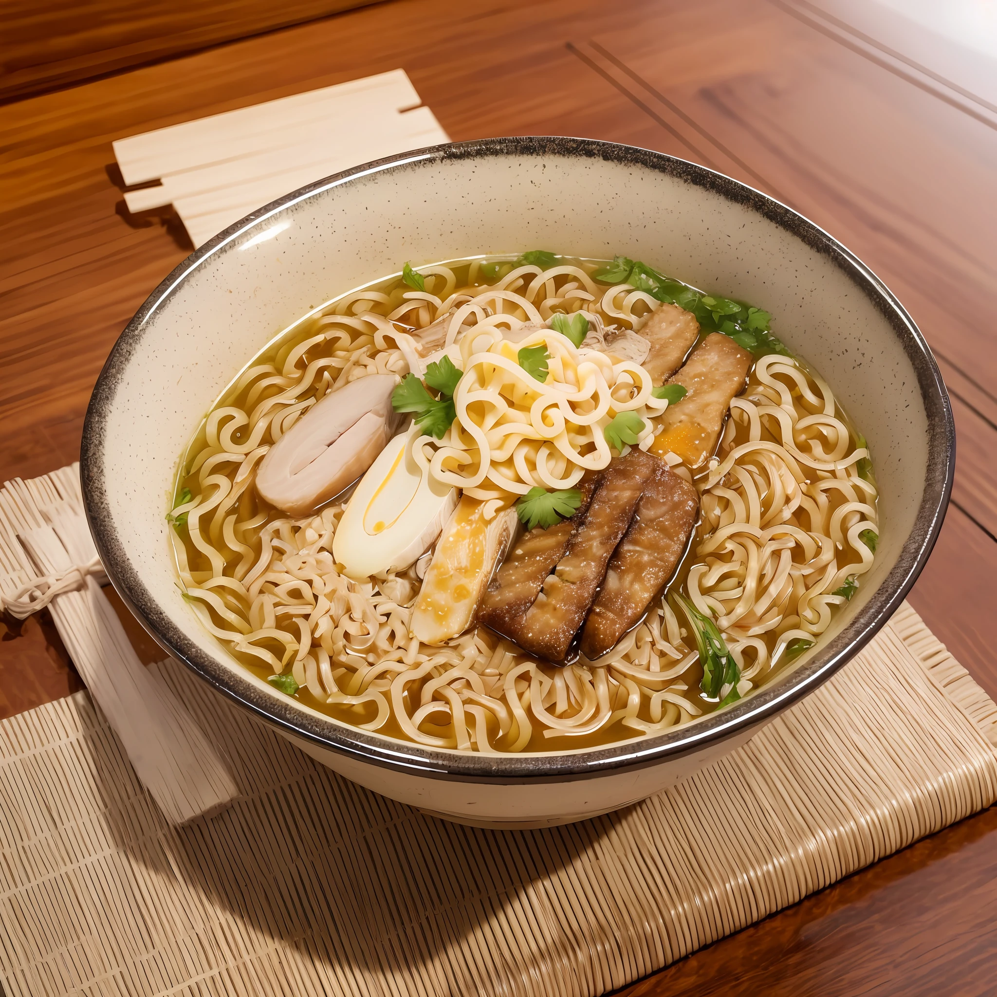 Think of a high-quality image of dried ramen. The soup is rich and transparent, and the flavor of boiled dried fish spreads richly. The broth of the boiled dried fish is well effective, and you can feel the deep umami and richness.

The noodles have a chewy texture and are firmly intertwined with the soup. The shape of the thin and curly noodles complements the combination with the soup. The color of the noodles is slightly close to golden yellow, which is in harmony with the aroma of dried boiled rice.

The ingredients are served with toppings to enhance the flavor of the niboshi. For example, boiled dried flour or boiled dried char siu can be considered. The toppings look beautiful and further enhance the appearance of the niboshi ramen.

The vessel has a sophisticated design and serves to enhance the color and texture of the niboshi ramen. The surrounding environment is clean and the food is designed to maximize its deliciousness.