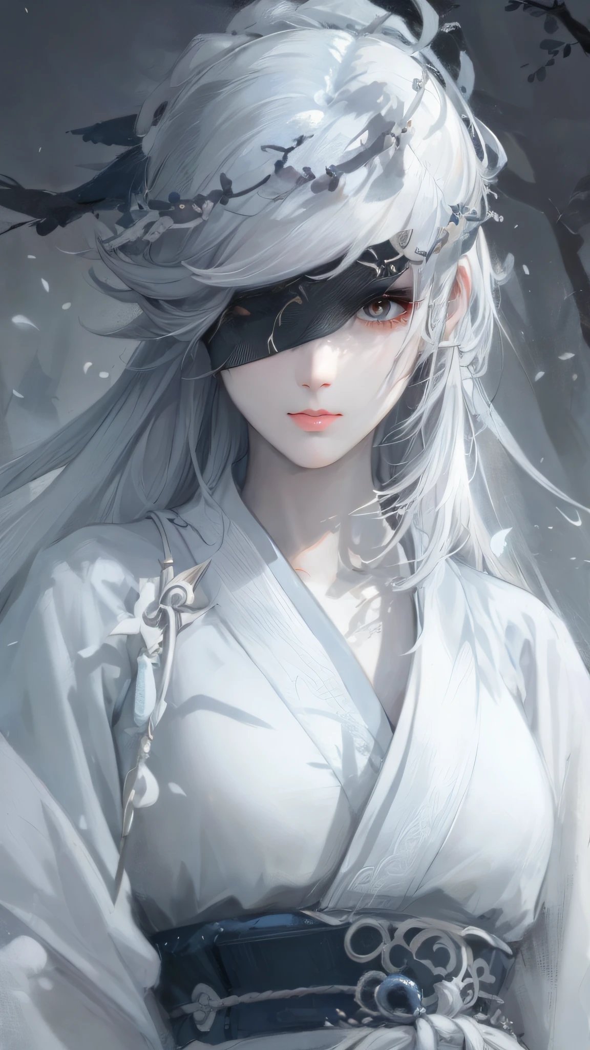 a close up of a woman with white hair and a white mask, beautiful character painting, guweiz, artwork in the style of guweiz, white haired deity, by Yang J, epic exquisite character art, stunning character art, by Fan Qi, by Wuzhun Shifan, guweiz on pixiv artstation
