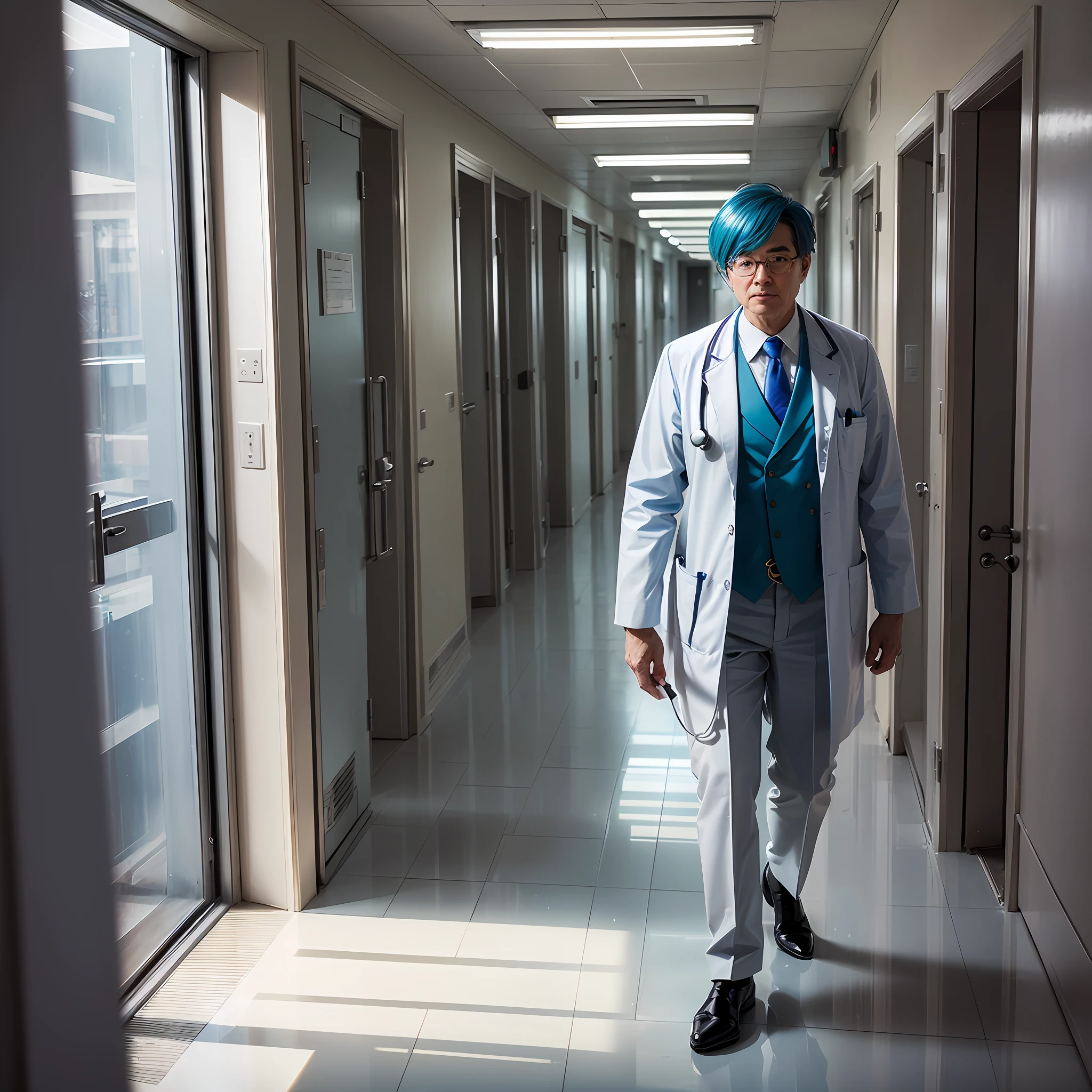 (Male doctor in blue frosted suit: 1.2), (Finishing: 1.1) His own nurse's uniform, the nursing home was empty and deserted, and he was alone. (Full body lens: 1.05), (Front shot: 1.05), (lens focal length close to face and full body: 1.1). Can be added (nursing home scene: 0.9), (shimmer light: 0.9). --auto --s2