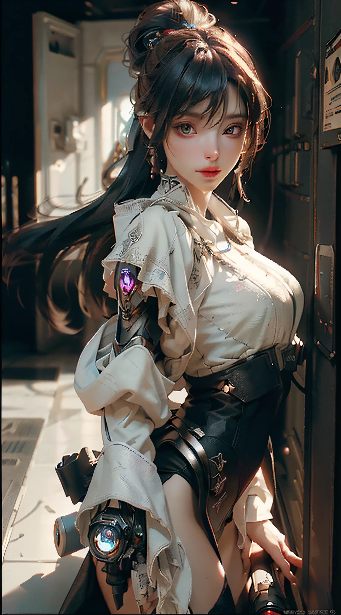 ((Best quality)), ((masterpiece)), (detailed:1.4), 3D, an image of a beautiful cyberpunk female,HDR (High Dynamic Range),Ray Tracing,NVIDIA RTX,Super-Resolution,Unreal 5,Subsurface scattering,PBR Texturing,Post-processing,Anisotropic Filtering,Depth-of-field,Maximum clarity and sharpness,Multi-layered textures,Albedo and Specular maps,Surface shading,Accurate simulation of light-material interaction,Perfect proportions,Octane Render,Two-tone lighting,Wide aperture,Low ISO,White balance,Rule of thirds,8K RAW,