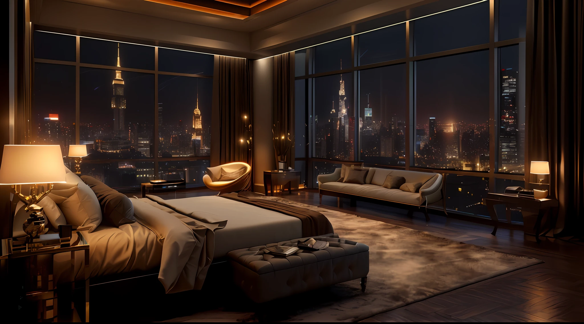 arafed bedroom with a view of the city at night, luxury hd render, luxurious environment, luxury condo interior, photorealistic cinematic render, 8 k sensual lighting, v - ray render 8 k uhd, fancy apartment, dramatic lighting render, vray 8k render, rendered in lumion pro, night time render, dimly lit bedroom