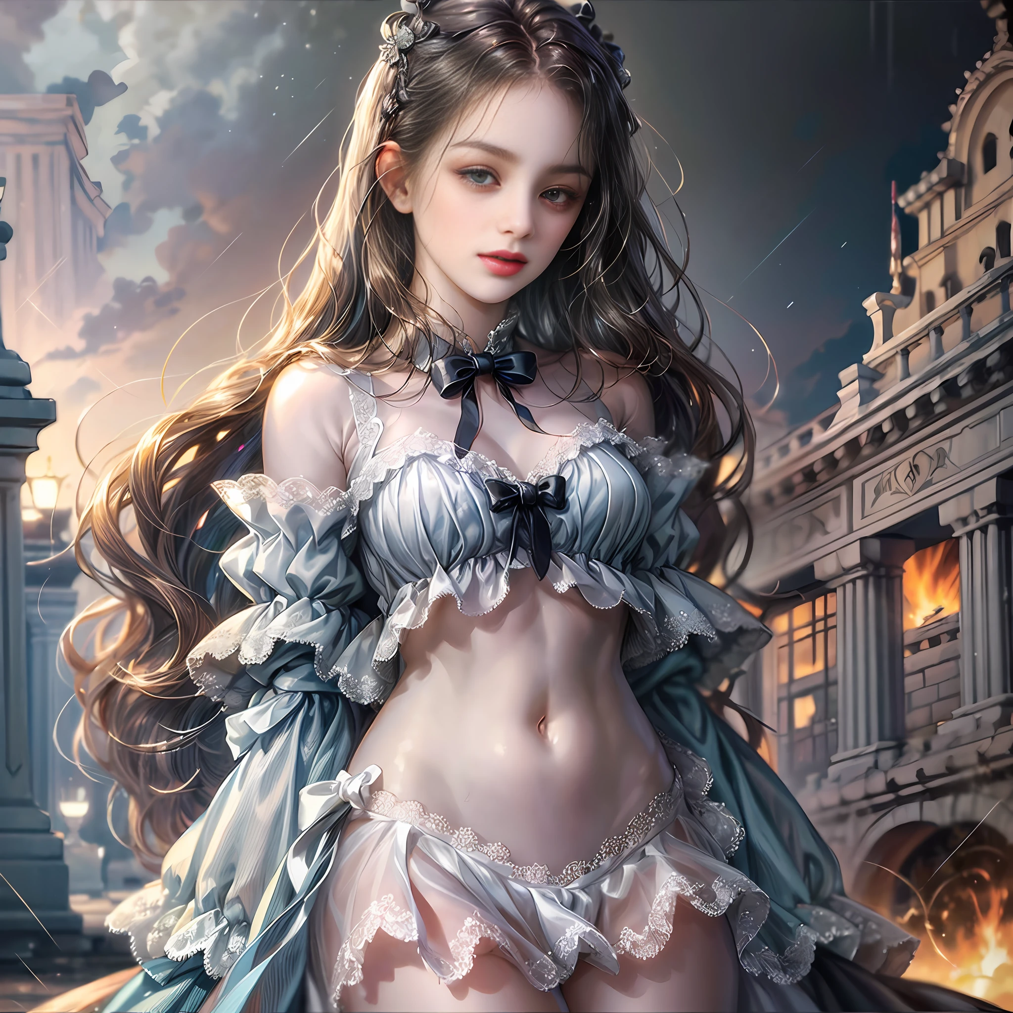 masterpiece, best quality, illustration, {beautiful detailed girl}, beautiful detailed glow, (flames of war: 1.2), (nuclear explosion behind: 1.3), rain, detailed lighting, detailed water, (beautiful detailed eyes: 1.1), featureless , palace, azure hair, messy hair, long bangs, hair between the eyes, (white and gray dress: 1.1), black ribbon, white bow ties, belly, big forehead, blank look, flower, long sleeves --auto --s2