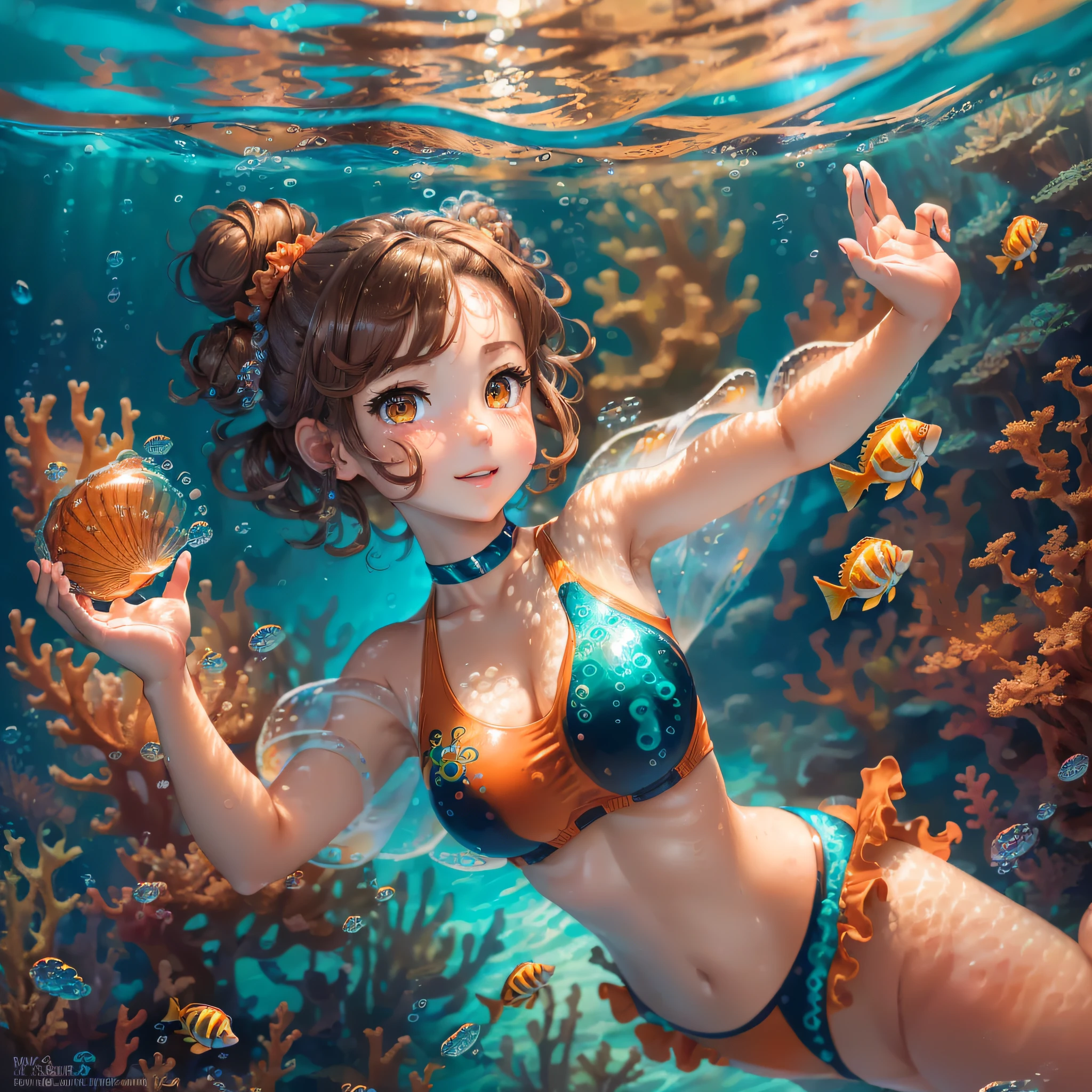 ((hyper super ultra detailed perfect piece)),illustration,masterpiece,(extremely detailed CG 8k),(very fine 8K CG) (((1girl))),(lightbrown hair),short hair,(single hairbun),(orange eyes),small breasts,diving into the sea,dynamic pose,underwater,Sea,sunlight,light smile,green swimsuit,coral reef,tropical fish,(((air bubbles))), --auto --s2