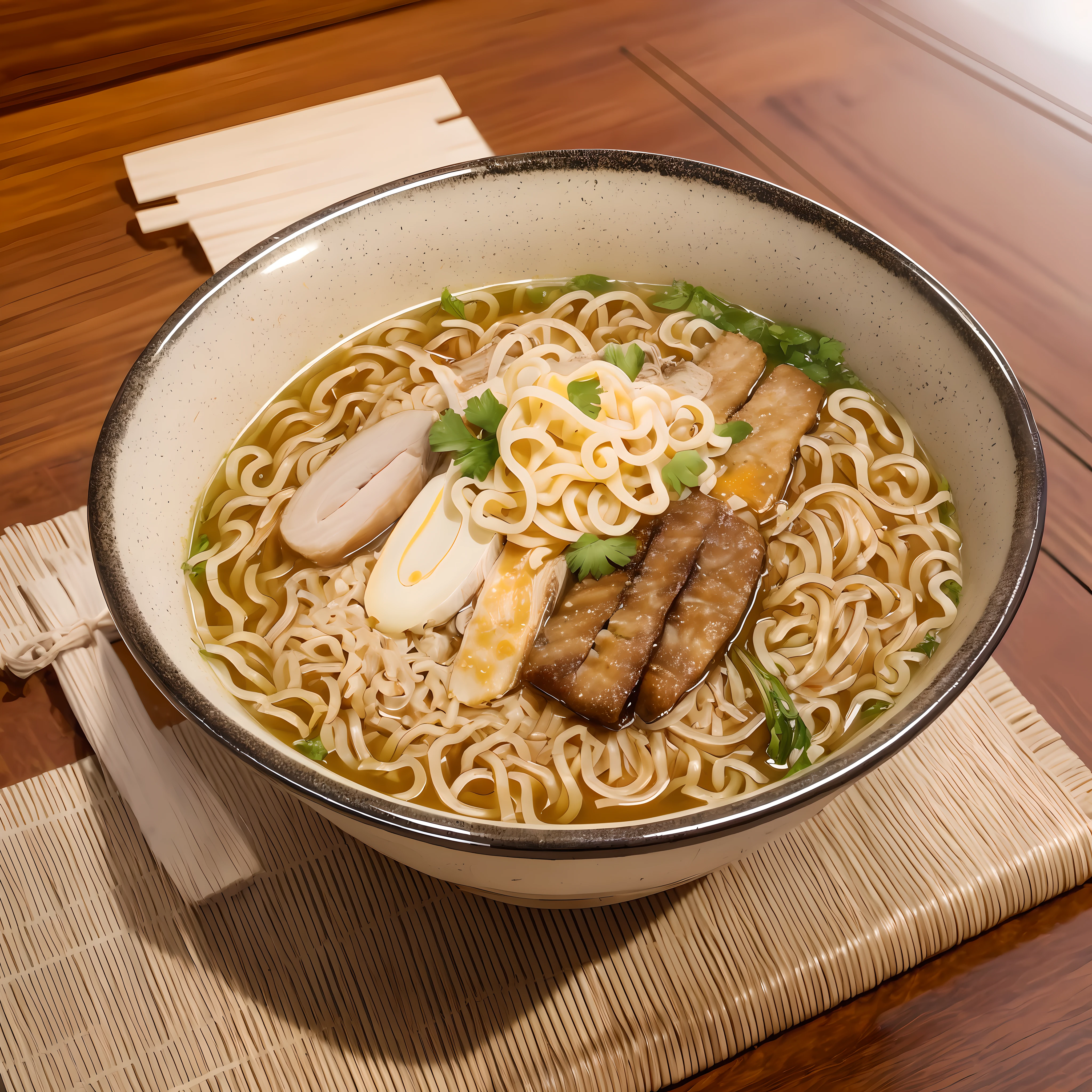 Think of a high-quality image of dried ramen. The soup is rich and transparent, and the flavor of boiled dried fish spreads richly. The broth of the boiled dried fish is well effective, and you can feel the deep umami and richness.
The noodles have a chewy texture and are firmly intertwined with the soup. The shape of the thin and curly noodles complements the combination with the soup. The color of the noodles is slightly close to golden yellow, which is in harmony with the aroma of dried boiled rice.
The ingredients are served with toppings to enhance the flavor of the niboshi. For example, boiled dried flour or boiled dried char siu can be considered. The toppings look beautiful and further enhance the appearance of the niboshi ramen.
The vessel has a sophisticated design and serves to enhance the color and texture of the niboshi ramen. The surrounding environment is clean and the food is designed to maximize its deliciousness.