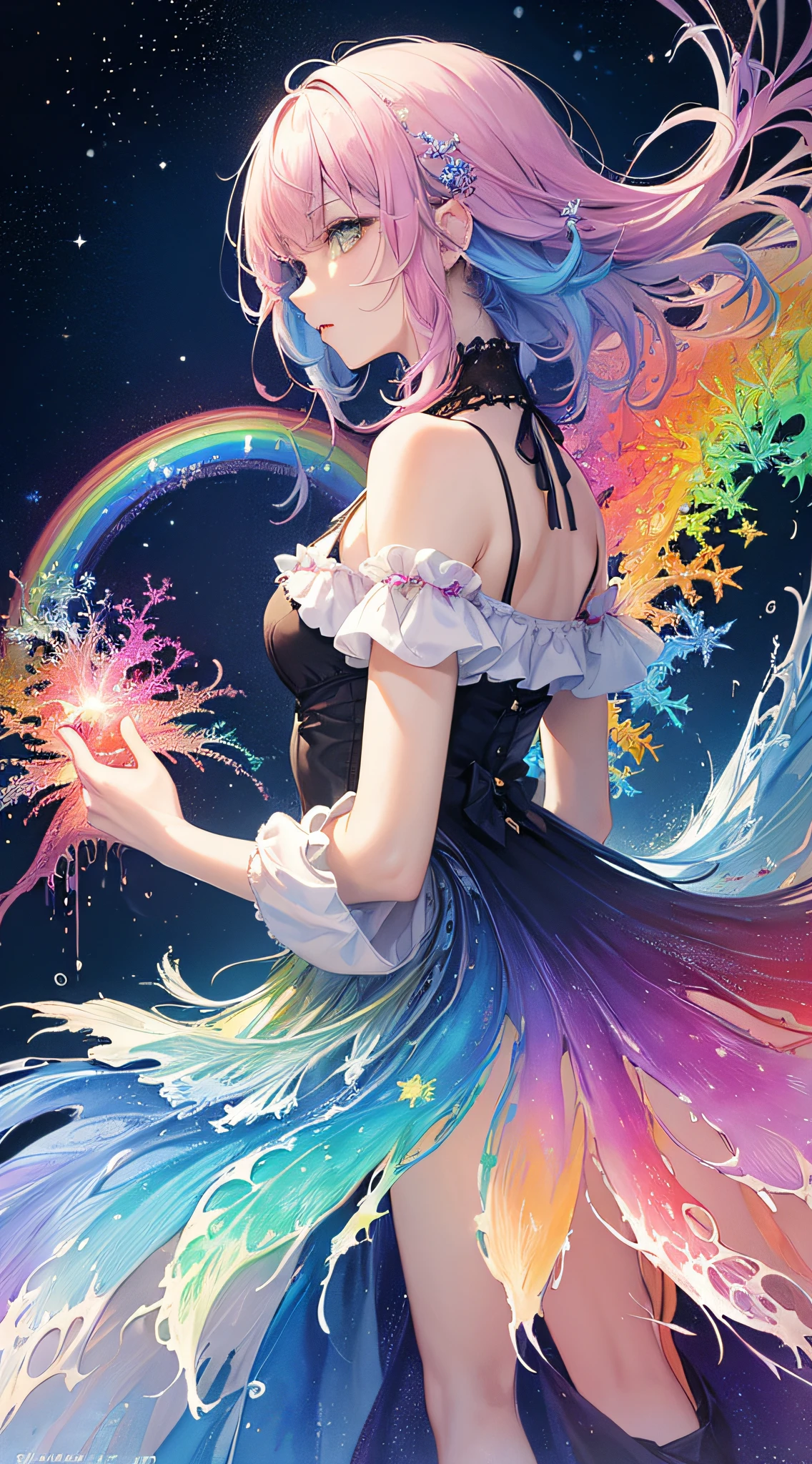 (masterpiece, top quality, best quality,watercolor (medium),official art, beautiful and aesthetic:1.2),(1girl:1.3), (fractal art:1.3),upper body, from side, looking at viewer,patterns,(rainbow color Hair,colorful hair,half blue and half pink hair:1.2),water,liquid, cloud,colorful, starry,stars,