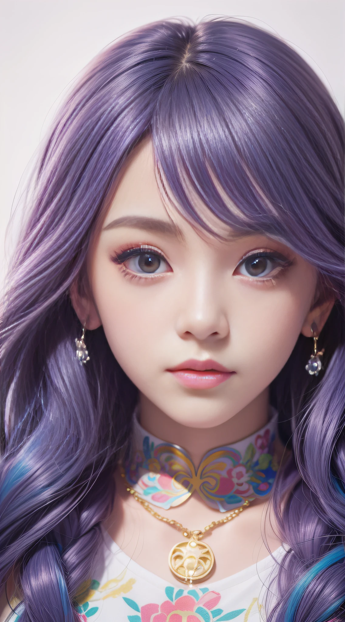 Close up of a woman with long hair, colorful hair, realistic portrait of kawaii, colorful braids, beautiful anime style, pure white background, white half sleeves, paint pattern on clothes, realistic anime art style, beautiful anime portrait, realistic anime art style, anime style. 8k, stunning anime face portrait, colorful]", vibrant fantasy style, cute art style, vibrant realistic color, anime realism style, beautiful anime girl