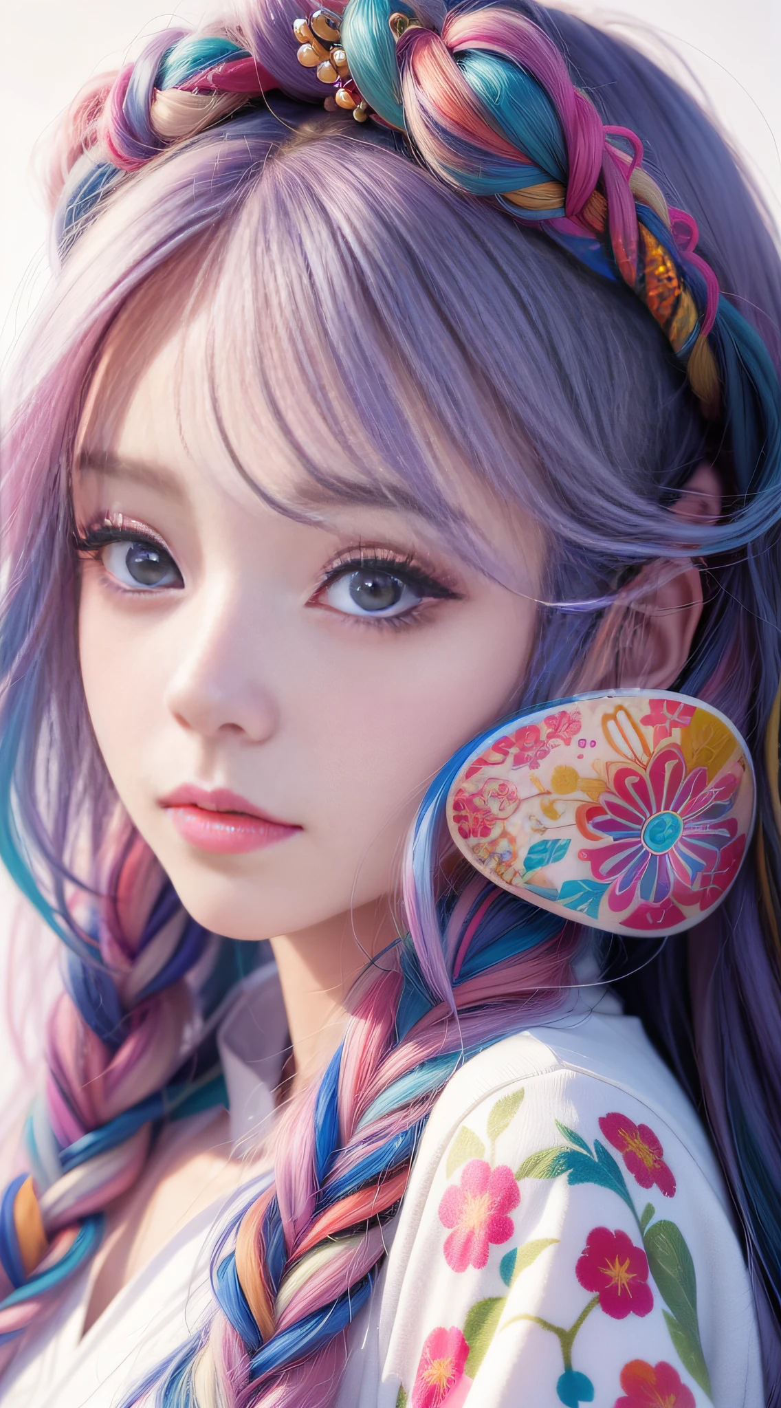 Close up of a woman with long hair, colorful hair, realistic portrait of kawaii, colorful braids, beautiful anime style, pure white background, white half sleeves, paint pattern on clothes, realistic anime art style, beautiful anime portrait, realistic anime art style, anime style. 8k, stunning anime face portrait, colorful]", vibrant fantasy style, cute art style, vibrant realistic color, anime realism style, beautiful anime girl