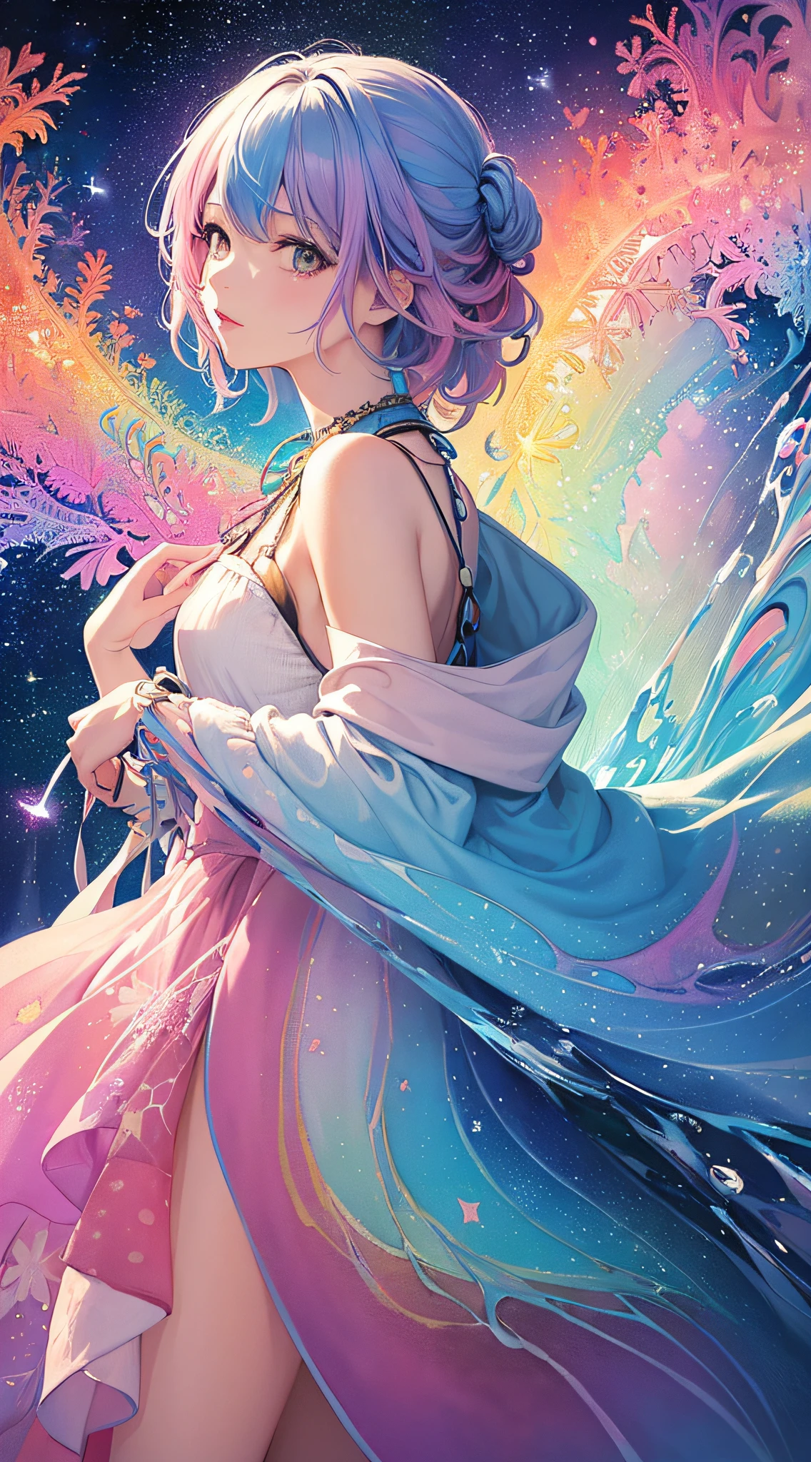 (masterpiece, top quality, best quality,watercolor (medium),official art, beautiful and aesthetic:1.2),(1girl:1.3), (fractal art:1.3),upper body, from side, looking at viewer,patterns,(rainbow color Hair,colorful hair,half blue and half pink hair:1.2),water,liquid, cloud,colorful, starry,stars,