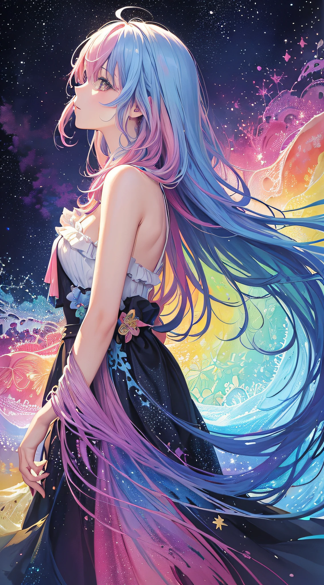 (masterpiece, top quality, best quality,watercolor (medium),official art, beautiful and aesthetic:1.2),(1girl:1.3), (fractal art:1.3),upper body, from side, looking at viewer,patterns,(rainbow color Hair,colorful hair,half blue and half pink hair:1.2),water,liquid, cloud,colorful, starry,stars,