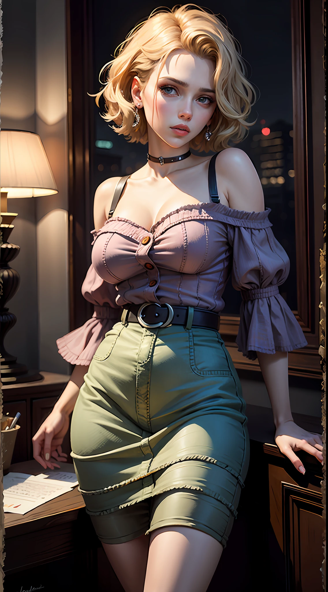 Scarlett Johansson, waist-high portrait, Night, soft muted colors, pastel colors, portrait quilted paint, oil paint strokes, quilted impasto, fabric detail paint, Harry Clark, Van Gogh, crochet