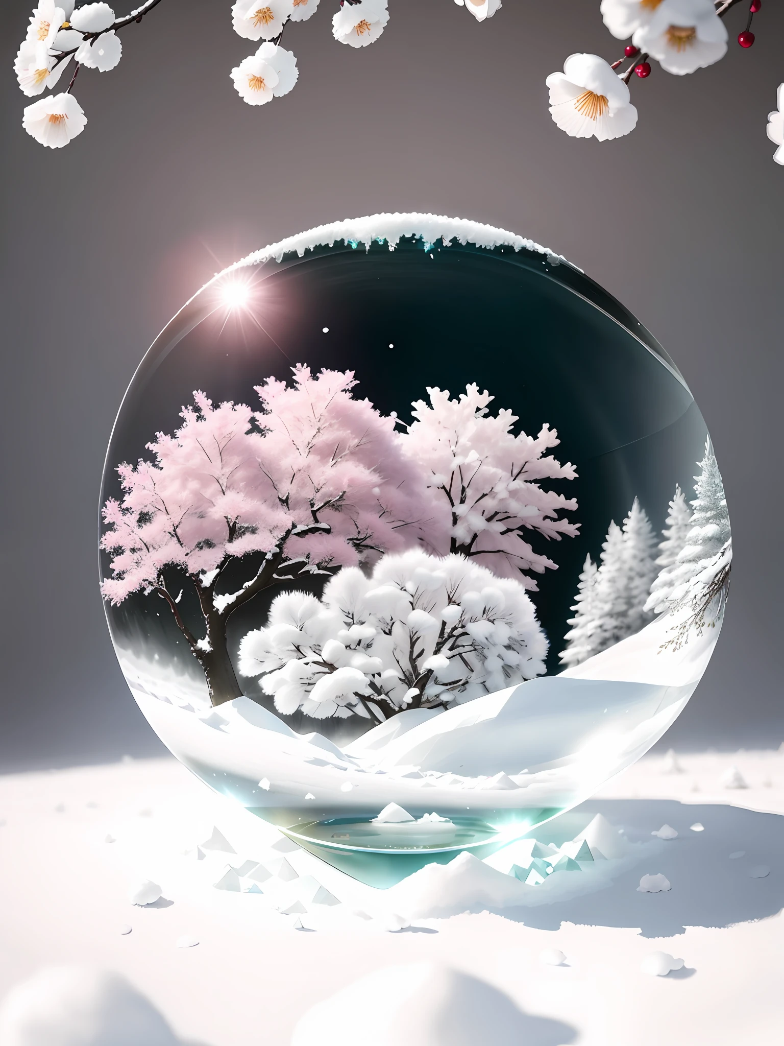 Gorgeous and amazing natural depth of field photo, blooming beautifully in the snow, transparent petals, clear petals, fog, beautiful scene, artistic, stunning, hyper-realism, 16K high resolution, Unreal Engine, soft light, (1 cherry tree trapped in a crystal sphere: 1.4), (special sharp focus: 1.4), (snowmelt: 1.2),
