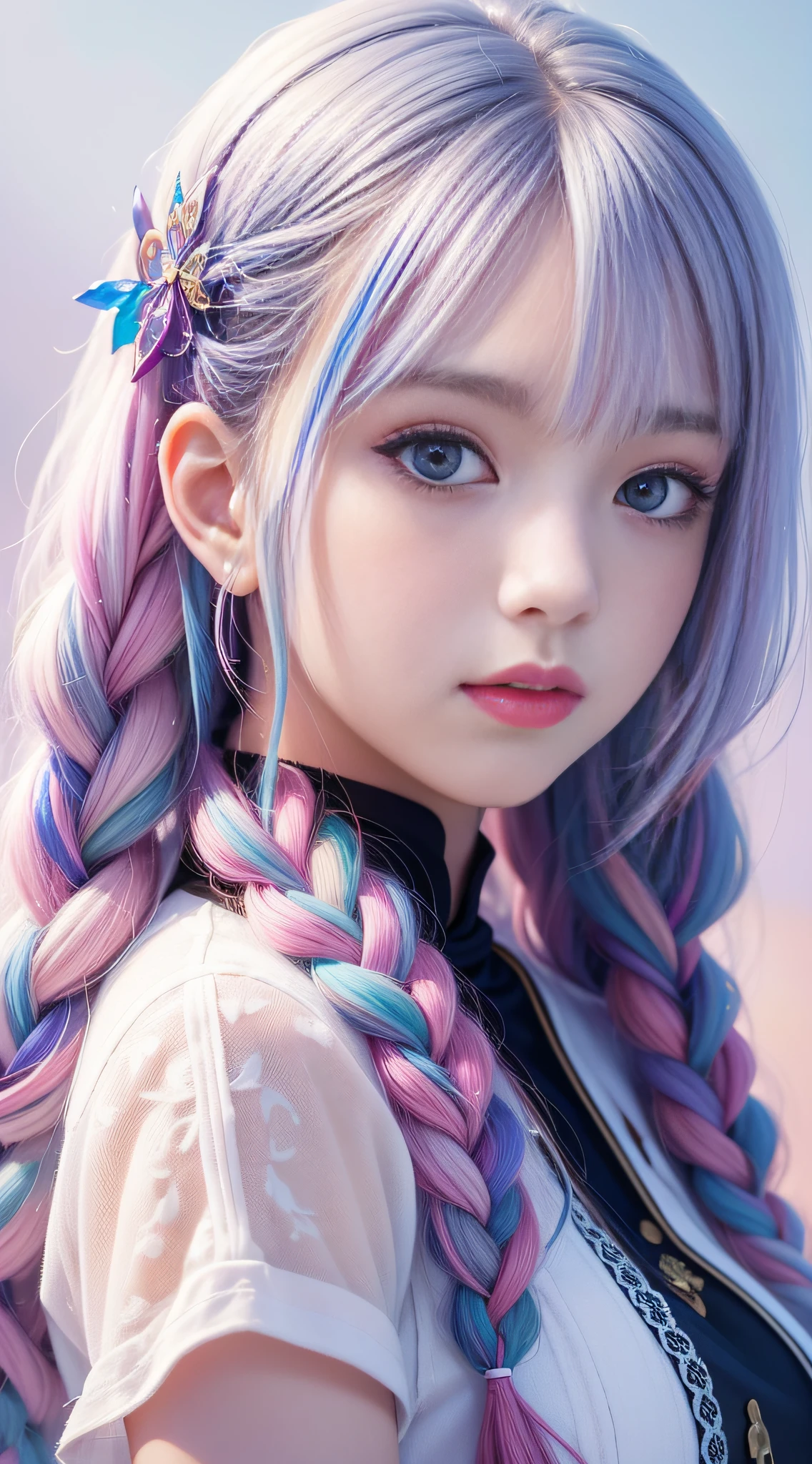 Close up of a woman with long hair, colorful hair, realistic portrait of kawaii, colorful braids, beautiful anime style, pure white background, white half sleeves, paint pattern on clothes, realistic anime art style, beautiful anime portrait, realistic anime art style, anime style. 8k, stunning anime face portrait, colorful]", vibrant fantasy style, cute art style, vibrant realistic color, anime realism style, beautiful anime girl