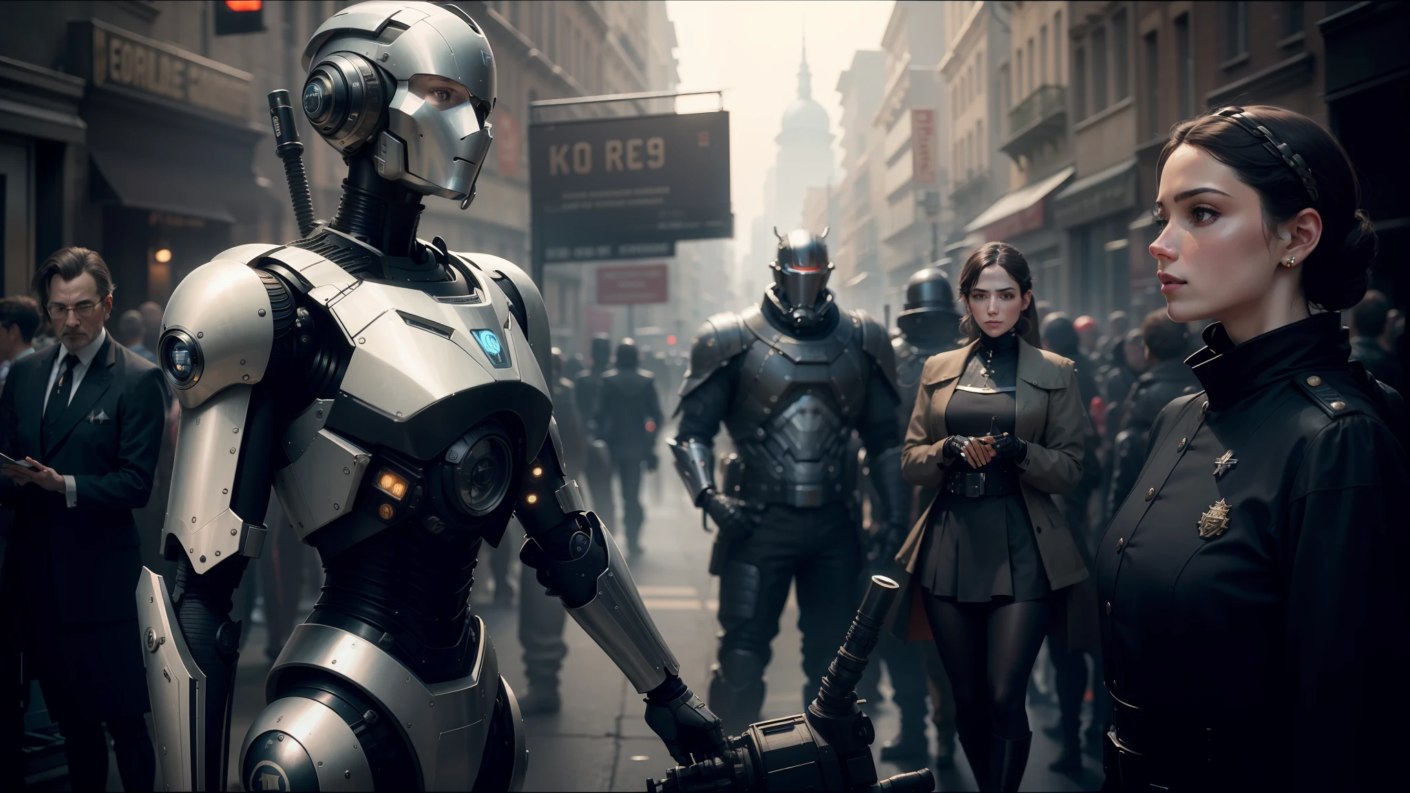 robots are standing in a crowded street with people standing around, elegant cinematic fantasy art, hoyte van hoytema, royal insignia in background, shot on anamorphic lenses, wearing techwear and armor, a black dieselpunk policewoman, by Jacob Koninck, eurostar, desaturated and muted colors, by Junpei Satoh, ultron, grainy 1985 cinematography --auto --s2
