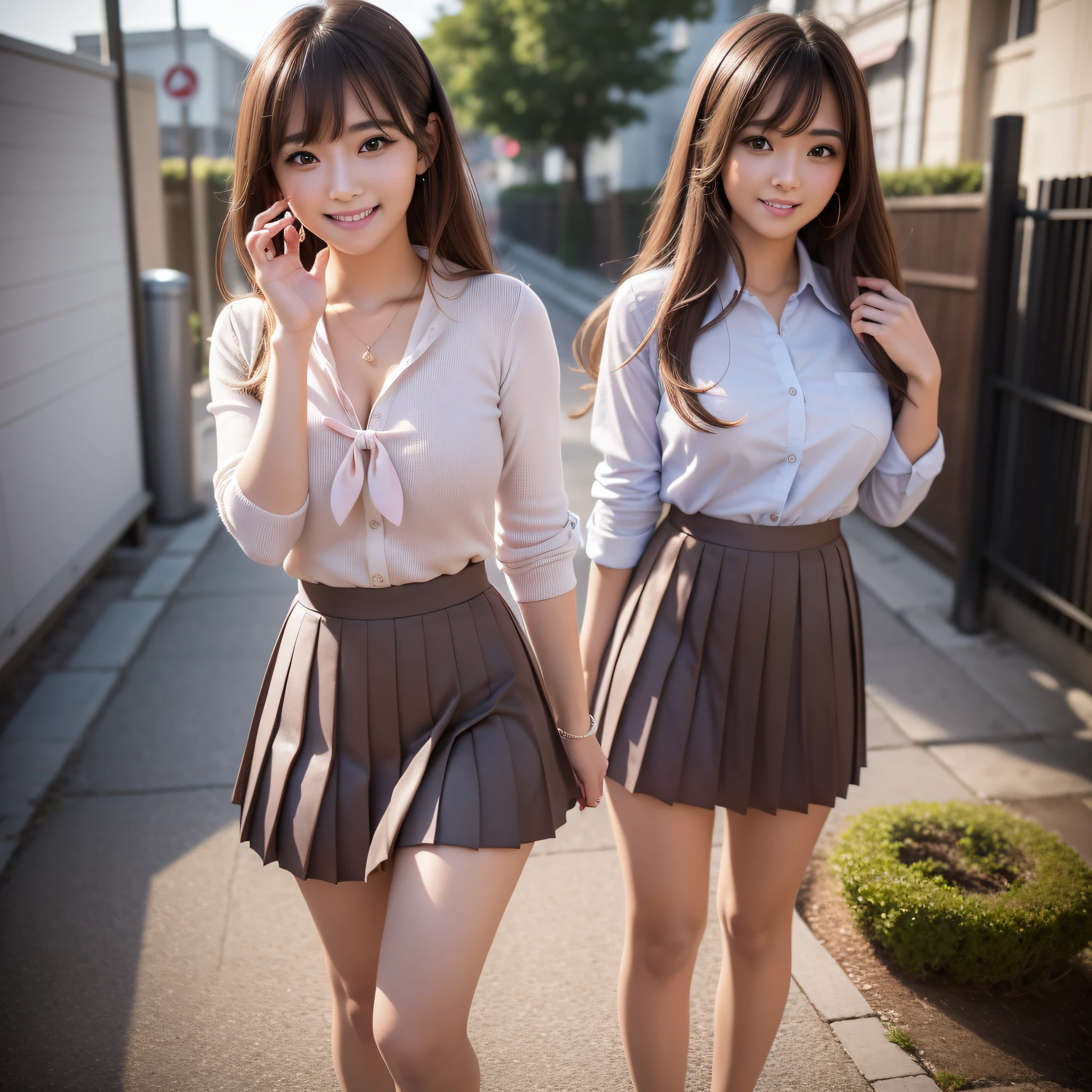 Araffe woman in a pink dress, anime girl in real life, seductive anime girl, seductive beautiful anime woman, anime girl cosplay, attractive anime girl, beautiful anime girl, asian girl, beautiful asian girl, perfect girl, japanese goddess, anime girl, ultrarealistic sweet bunny, hyper realistic anime, beautiful anime woman, 1girl, Best quality, Masterpiece, Illustration, Very delicate and beautiful, Very detailed, CG, 8k wallpaper, amazing, attention to detail, masterpiece, best quality, Art, highly detailed 8k CG wallpaper, huge file size, ultra detail, high resolution, ultra high definition, very detailed, beautiful girl detailed, very detailed eyes and face, beautiful detailed eyes, (RAW photos, best quality), (real, Photorealism: 1.3), full body, light on face, (brown hair: 1.3), chubby breasts, (medium), (side breasts), loose beautiful hair, (swollen eyes), (K-pop idol)), (attractive), bangs, (sexy pose in front of the camera)), (smile), looking at the viewer, dark eyeliner, long eyelashes, flushed cheeks, erotic, fringes, small earrings, small necklace, ((((happy smile)))), (((1 girl wearing a school uniform, pleated skirt)))), (city background), (sweaty white skin), thin legs, (((large breasts)))), (décolleté)))),