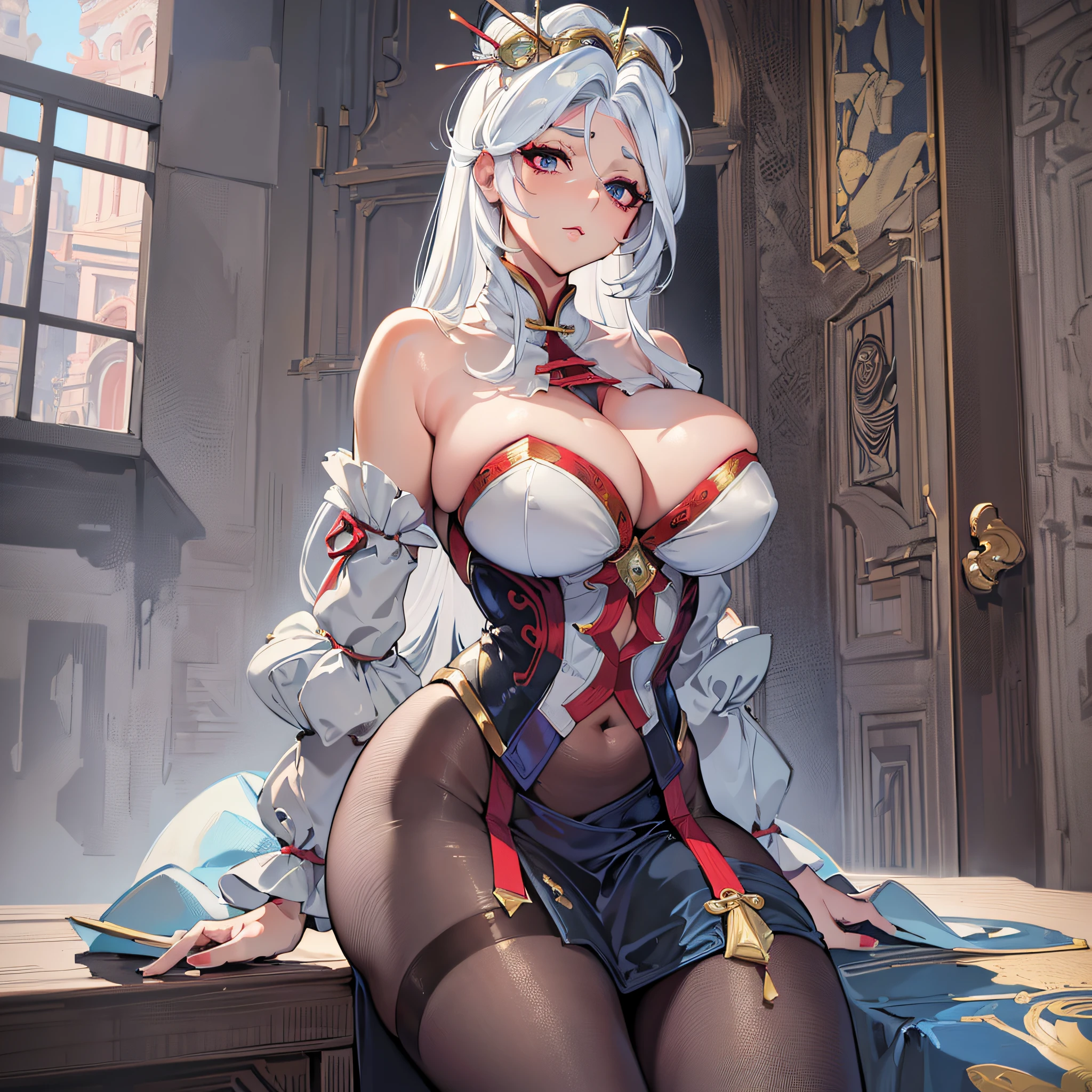 (masterpiece), best quality, (sexy female character+white hair:1.2+busty:1.2+mature body:1.2), vibrant colors, seductive posture, dynamic angle, realistic rendering, (ample cleavage:1.2), gorgeous, high resolution, elegant attire, feminine beauty.