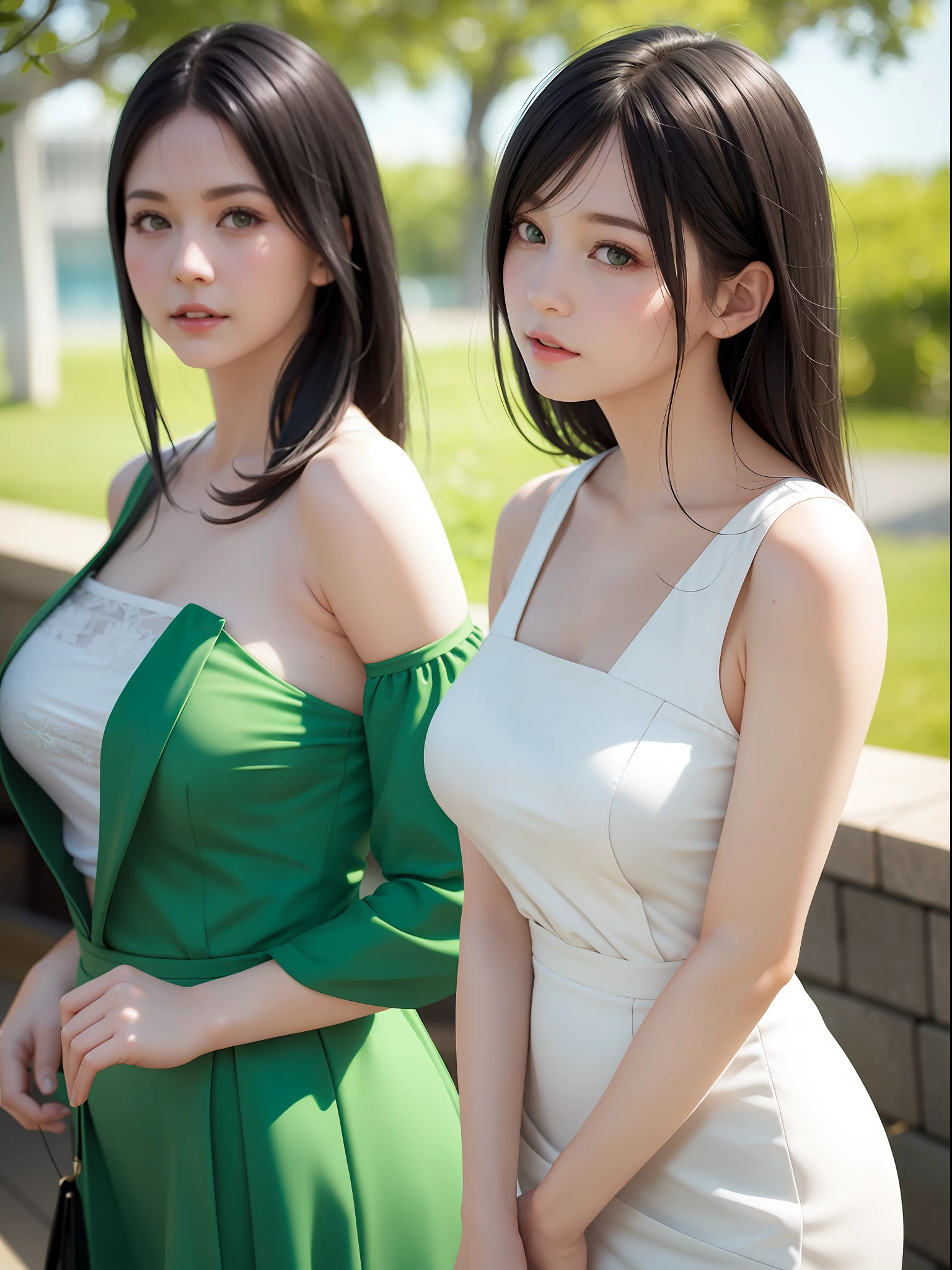 green dress,white short skirt,woman,japanese,bare shoulders,shoulders slightly exposed,black eyes,black hair,(photorealistic:1.4),realistic details, high resolution,bokeh,outstanding details