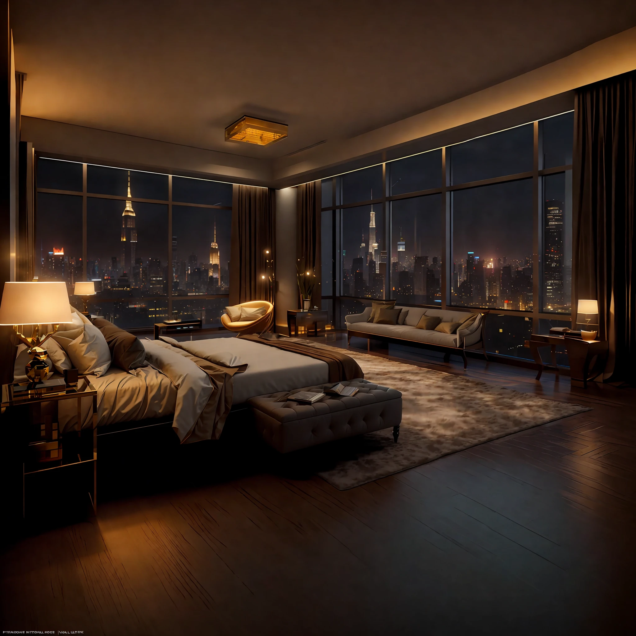 arafed view of a bedroom with a large window overlooking a city, photorealistic cinematic render, 8 k sensual lighting, luxury hd render, dramatic lighting render, luxurious environment, cyberpunk bedroom at night, v - ray render 8 k uhd, cinematic night lighting, unreal engine realistic render, night time render, cinematic render unreal engine, octane render dynamic lighting