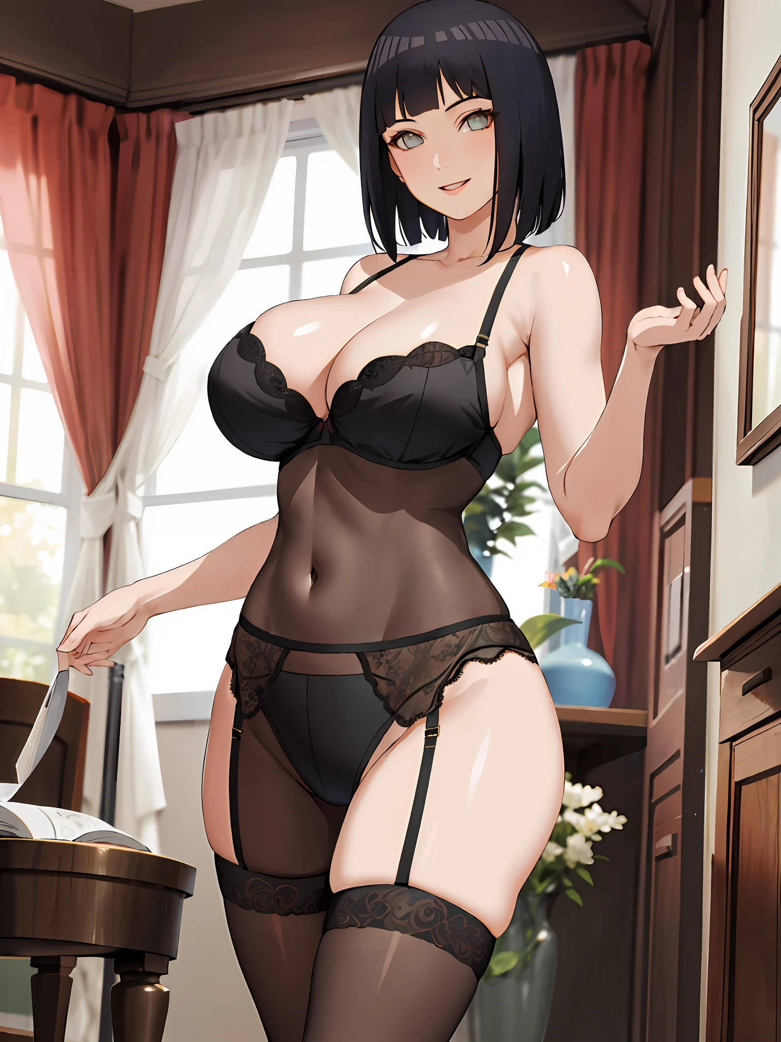 ((Masterpiece, Excellent)), (1girl), solo, single, ((MILF)), brunette hair, bangs, bursting breasts, smile, thin waist, wide hips, stockings, cleavage, seductive, hands behind back, lace lingerie, big breasts, big breasts, thighs, perfect body,