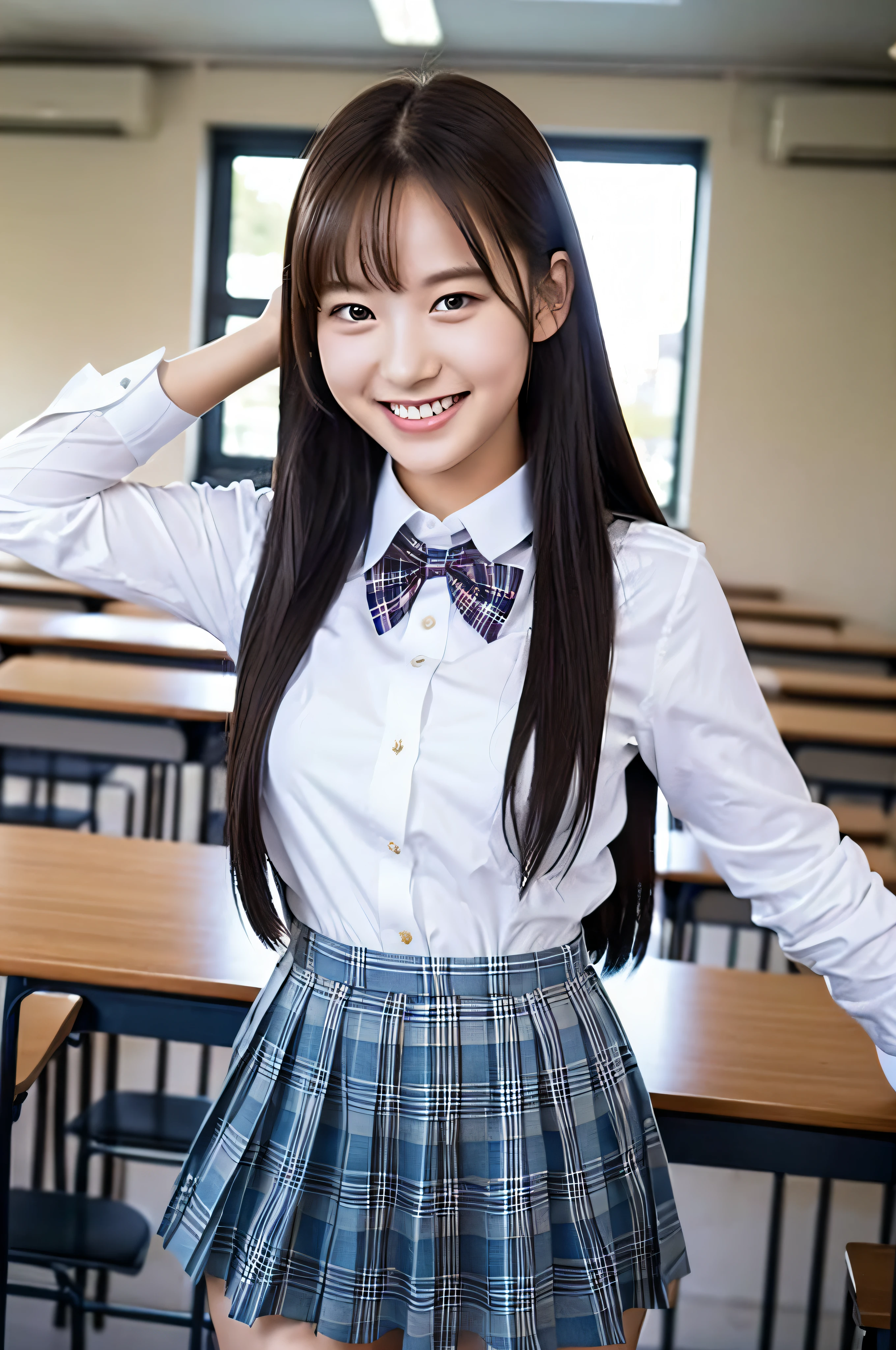 (Masterpiece, Best Quality: 1.2), Surreal Schoolgirl, Solo, One Girl, Smiling, Watch Viewer, Running, Uniform, White Shirt, Plaid Skirt, Thighs, Afternoon, Classroom Surreal Schoolgirl