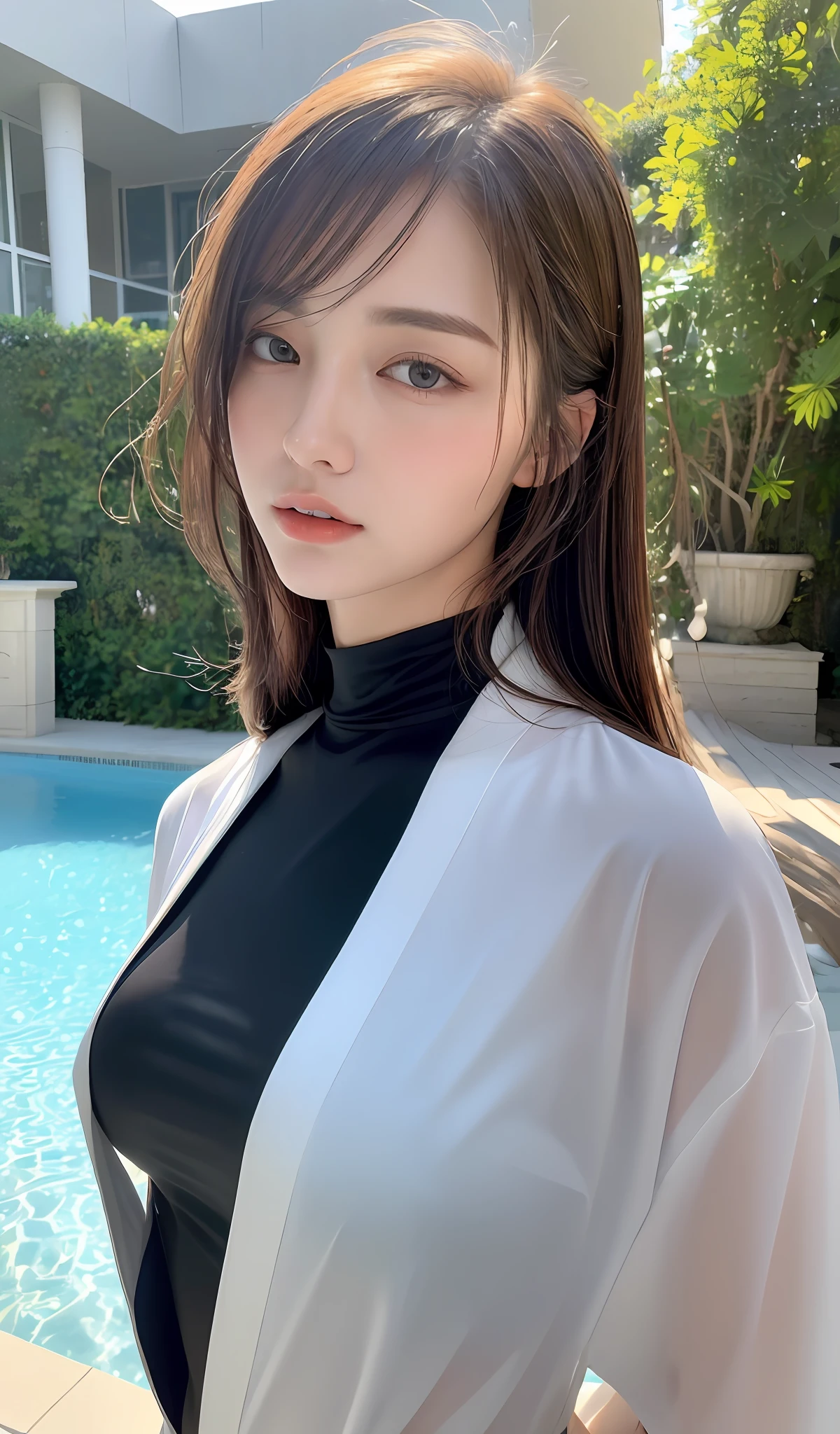 ((Best quality, 8k, Masterpiece :1.3)), 1girl, Pretty woman with emphasizing slender abs :1.3, Huge breasts :1.2, Wet thin fabric clothes:1.1, Alluring, Pool, Ultra-detailed face, Highly detailed lips, Detailed eyes, Double eyelid