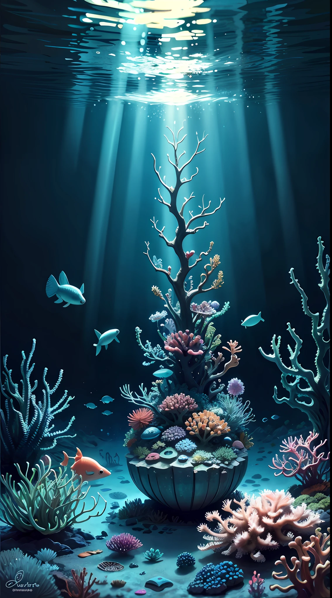 sea depths, life, underwater creatures, plants, colors, shapes, interaction, environment, details, atmosphere, deep ocean, air bubbles, light rays, algae, corals, mysterious world, beauty, creativity, unforgettable picture