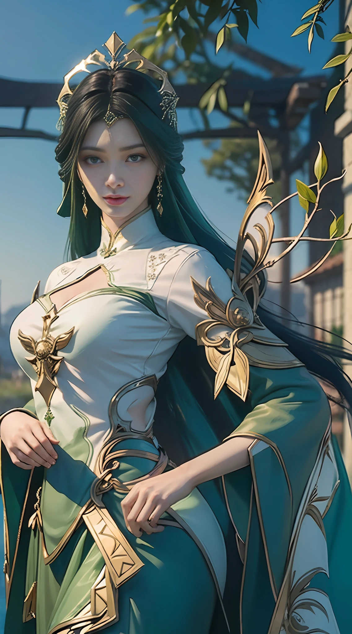 nsfw, masterpiece, super-fine, semi-realistic, detailed facial features, 1girl, black hair, long hair, wearing detailed and complex martial arts costumes, dignified and cold expression, stepping on willow branches, with a halo on the back: 1.5, a little green pattern on the white clothes all over: 1.5, jade super long headdress, national comic goddess, heaven and earth color change, green enchantment on the back