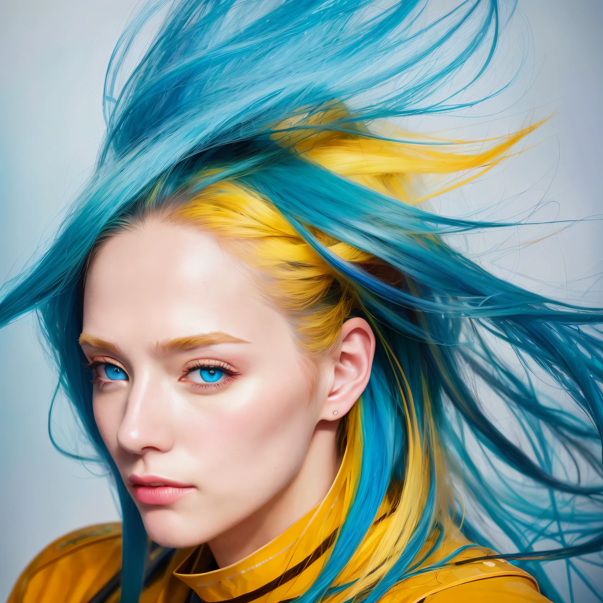 8k, Best Quality, (Beauty), High Resolution, Realistic, Real Person, Long Sky Blue Hair, Golden Eyes, Amber Eyes, Professional Digital Painting, Wild Brush Strokes, Concept Art, Award-Winning Photography, Cinematic, WLOP, Color Block, Pop, Hip, Andy Warhol Art, Ilya Kubushinov by Yoshitaka Amano