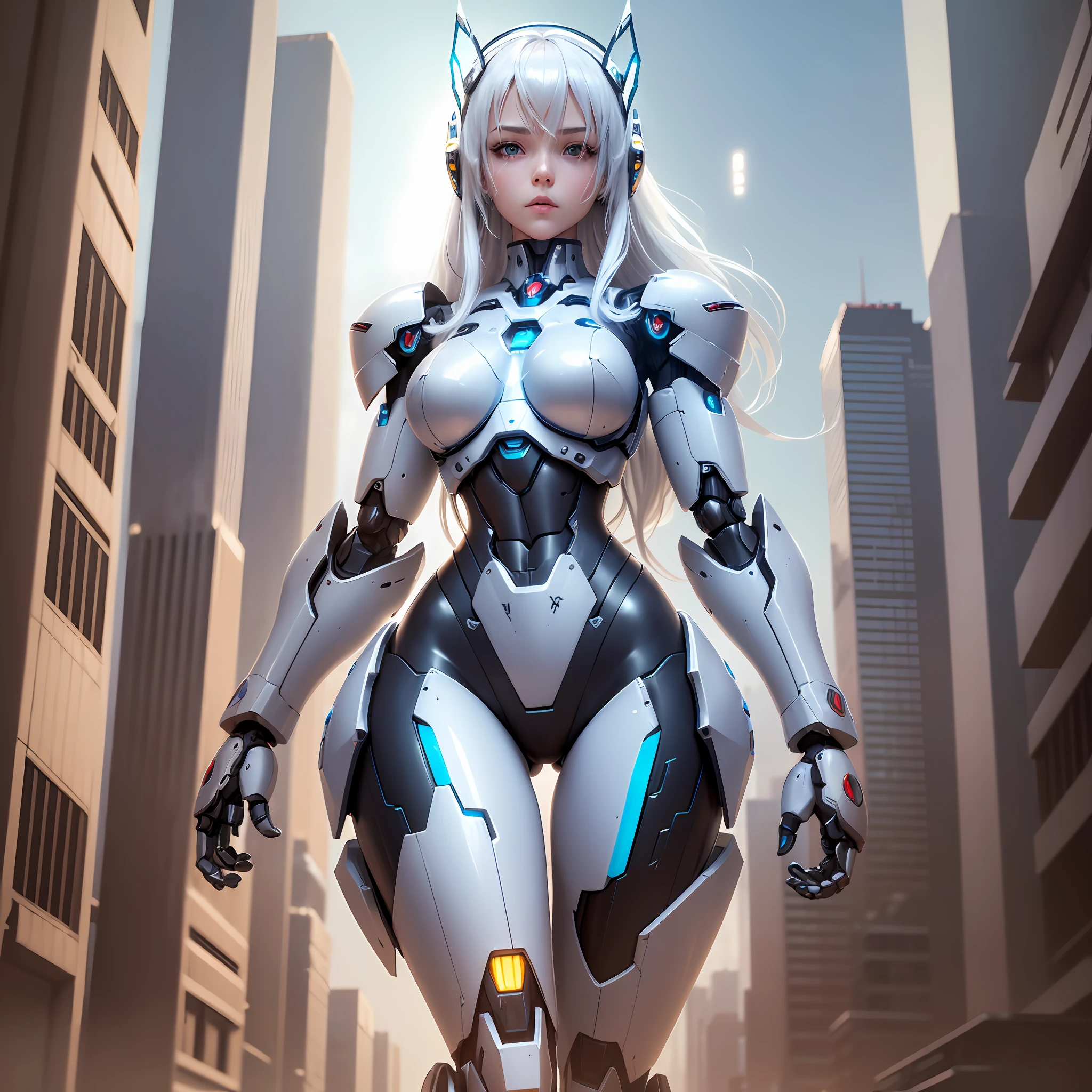 ((robot girl, mecha)), broken armor, mechanical halo, mechanical arms,
white hair, long hair, ceramic body, thigh gap, small breast,
cyber background, extreme detailed city, (translucent body, reflection skin),
8k, best quality, ultra detailed, (hyperrealistic:1.4), --auto --s2