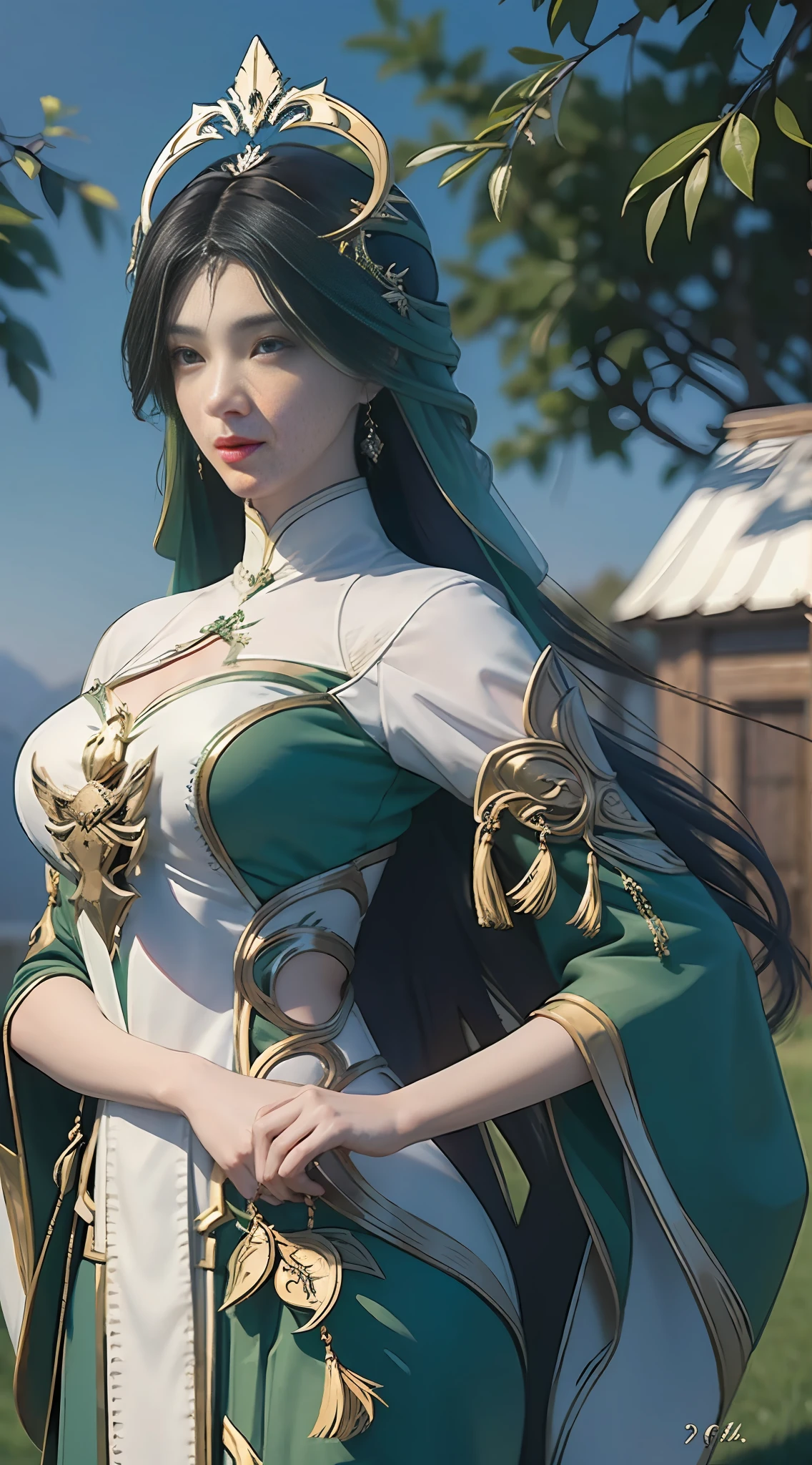 nsfw, masterpiece, super-fine, semi-realistic, detailed facial features, 1girl, black hair, long hair, wearing detailed and complex martial arts costumes, dignified and cold expression, stepping on willow branches, with a halo on the back: 1.5, a little green pattern on the white clothes all over: 1.5, jade super long headdress, national comic goddess, heaven and earth color change, green enchantment on the back