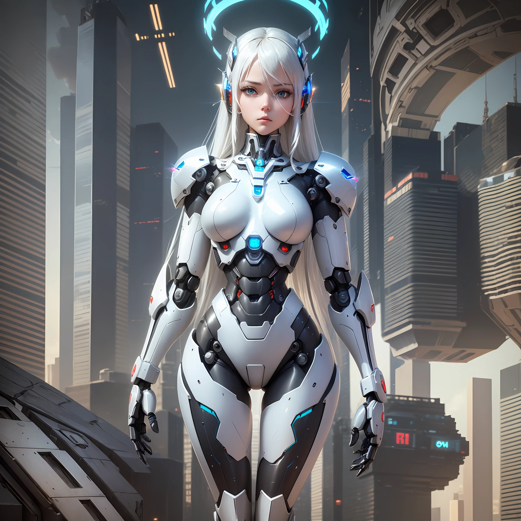 ((robot girl, mecha)), broken armor, mechanical halo, mechanical arms,
white hair, long hair, ceramic body, thigh gap, small breast,
cyber background, extreme detailed city, (translucent body, reflection skin),
8k, best quality, ultra detailed, (hyperrealistic:1.4), --auto --s2