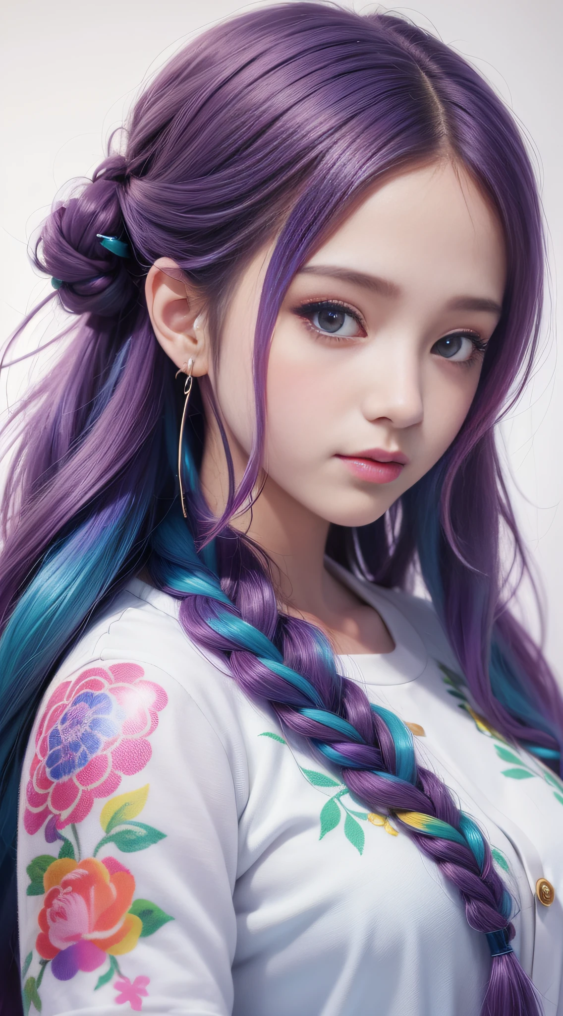 Close up of a woman with long hair, colorful hair, realistic portrait of kawaii, colorful braids, beautiful anime style, pure white background, white half sleeves, paint pattern on clothes, realistic anime art style, beautiful anime portrait, realistic anime art style, anime style. 8k, stunning anime face portrait, colorful]", vibrant fantasy style, cute art style, vibrant realistic color, anime realism style, beautiful anime girl