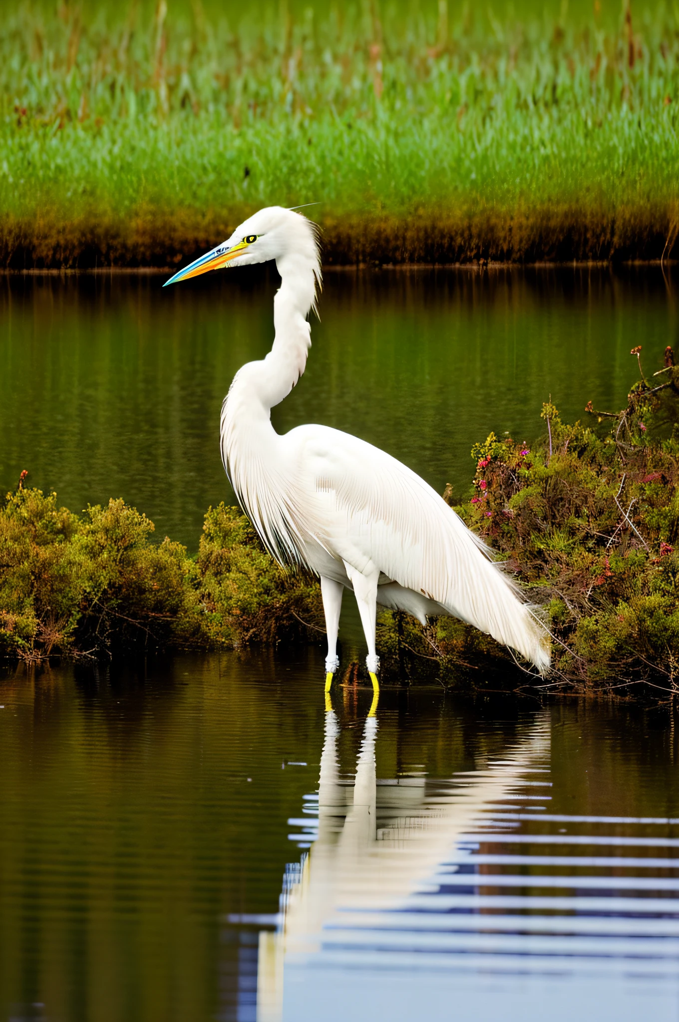 A white heron on the edge of a lake with vegetation