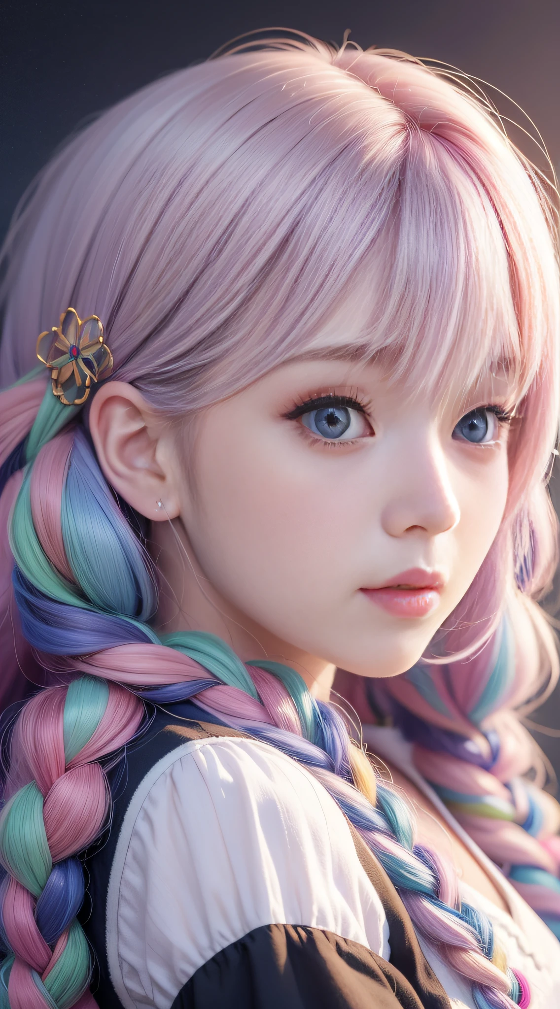 Close up of a woman with long hair, colorful hair, realistic portrait of kawaii, colorful braids, beautiful anime style, pure white background, white half sleeves, simple pattern on clothes, realistic anime art style, beautiful anime portrait, realistic anime art style, anime style. 8k, stunning anime face portrait, colorful]", vibrant fantasy style, cute art style, vibrant realistic color, anime realism style, beautiful anime girl