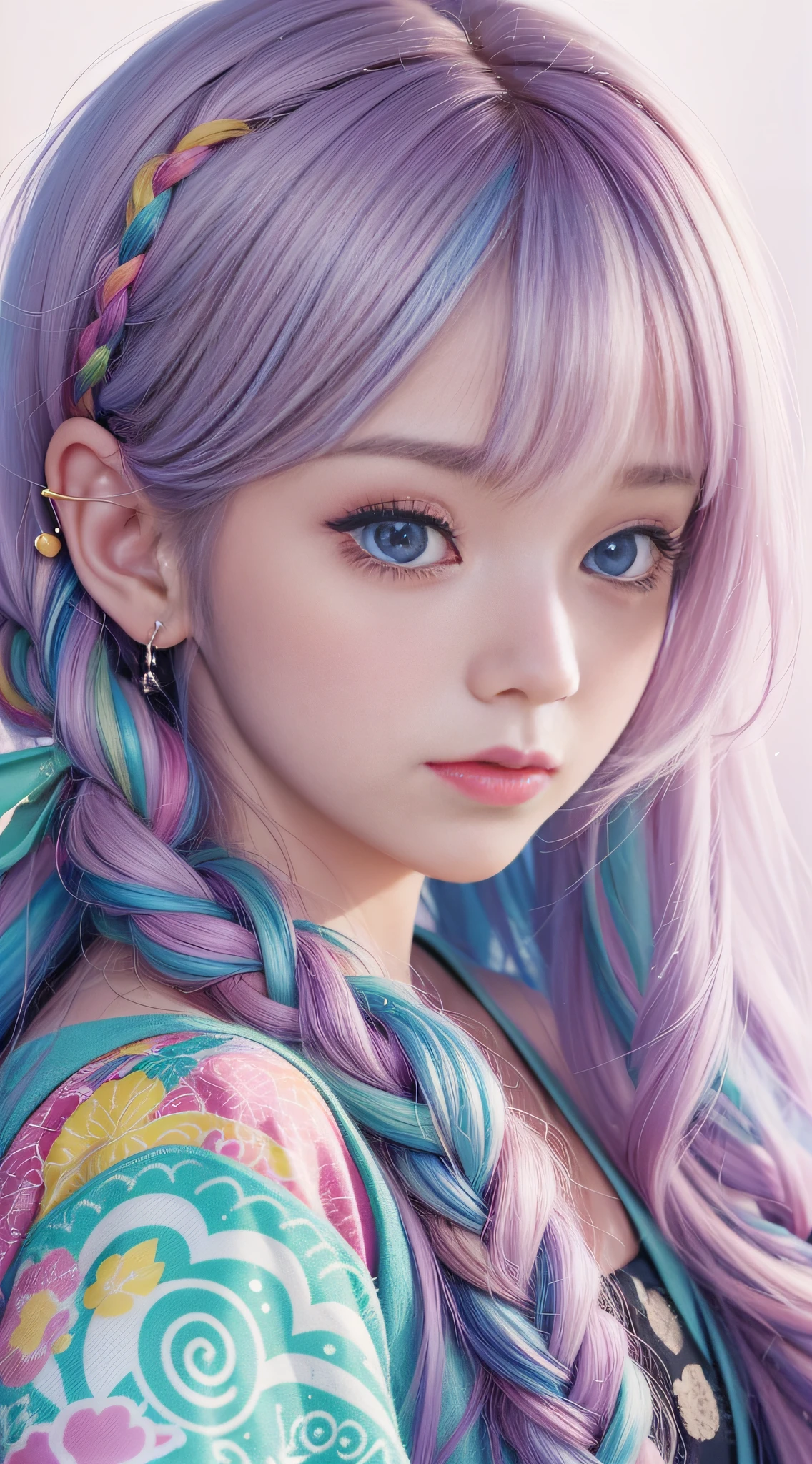 Close up of a woman with long hair, colorful hair, realistic portrait of kawaii, colorful braids, beautiful anime style, pure white background, white half sleeves, simple pattern on clothes, realistic anime art style, beautiful anime portrait, realistic anime art style, anime style. 8k, stunning anime face portrait, colorful]", vibrant fantasy style, cute art style, vibrant realistic color, anime realism style, beautiful anime girl, character 0.8