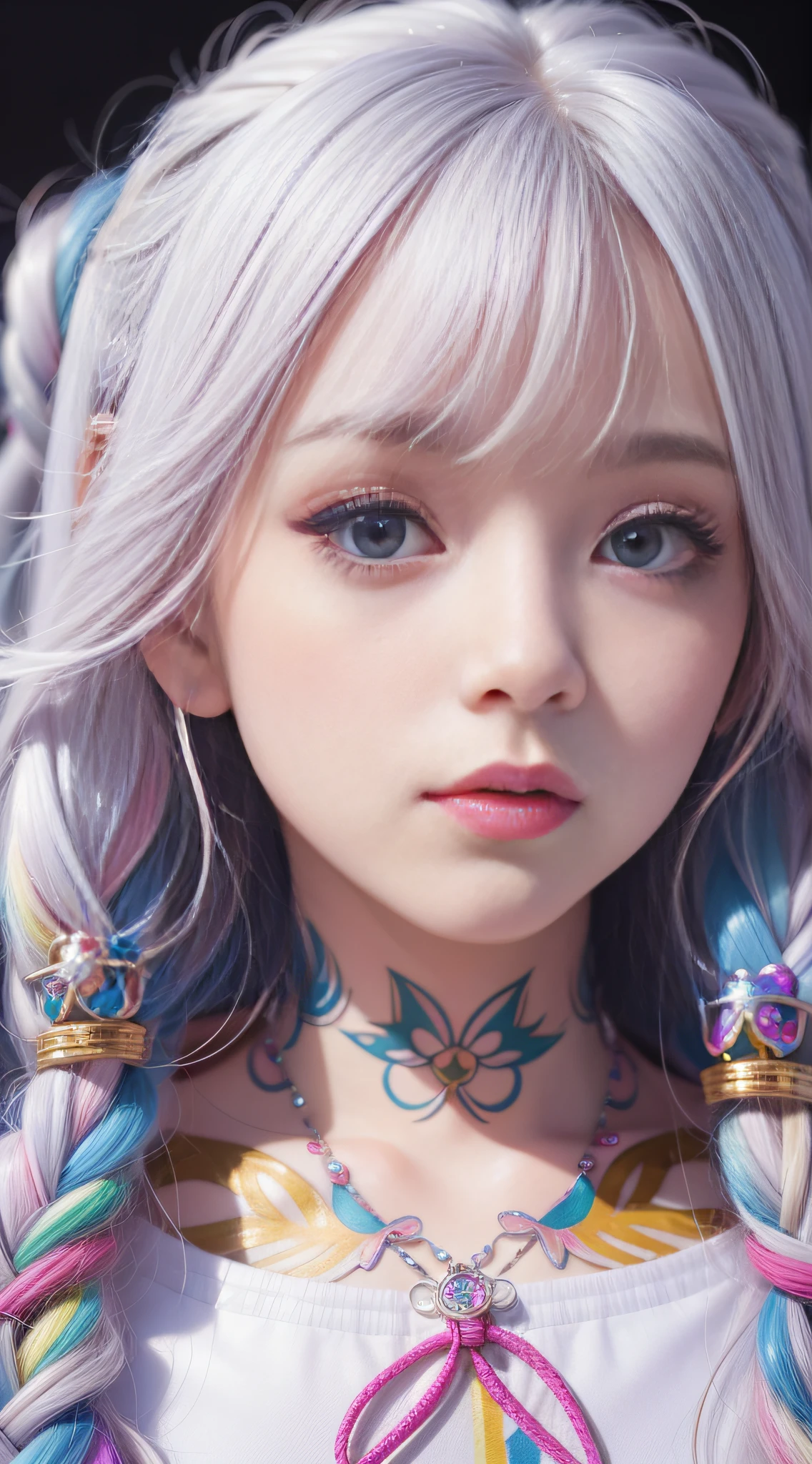 Close up of a woman with long hair, colorful hair, realistic portrait of kawaii, colorful braids, beautiful anime style, pure white background, white half sleeves, simple pattern on clothes, realistic anime art style, beautiful anime portrait, realistic anime art style, anime style. 8k, stunning anime face portrait, colorful]", vibrant fantasy style, cute art style, vibrant realistic color, anime realism style, beautiful anime girl, character 0.8