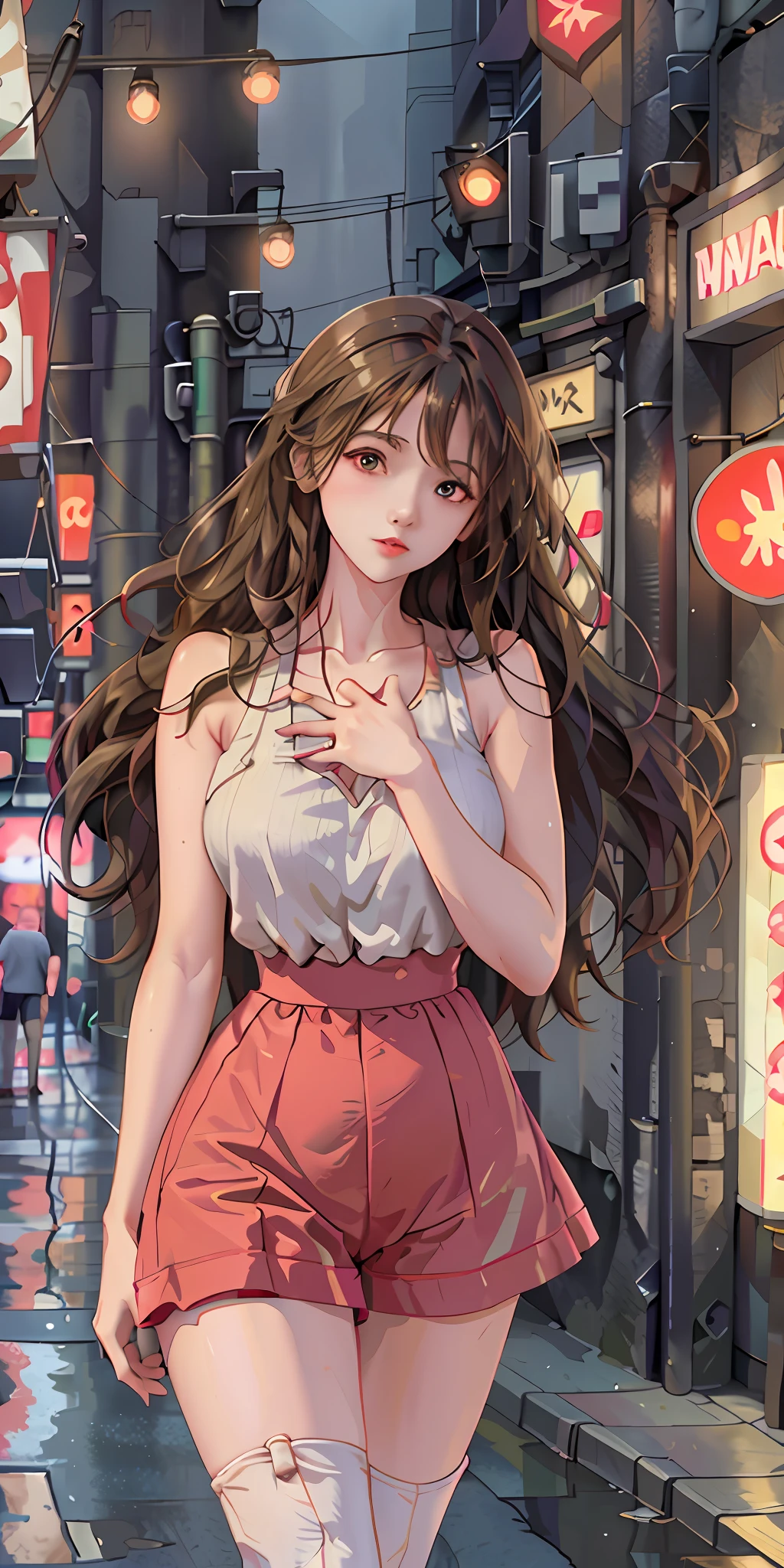 (Best quality, masterpiece: 1.3), 1 girl, rainy day, fog, alley, umbrella, looking at the audience, facing photos, cyberpunk city, alone in an alley, neon lights in an alley, very reflective city, long hair, hair of size through an alley, bar, japan, Tokyo, garter belt on one leg, knee pads on the other leg, perfect hands, delicate, night, shorts, tank top, exposed chest,