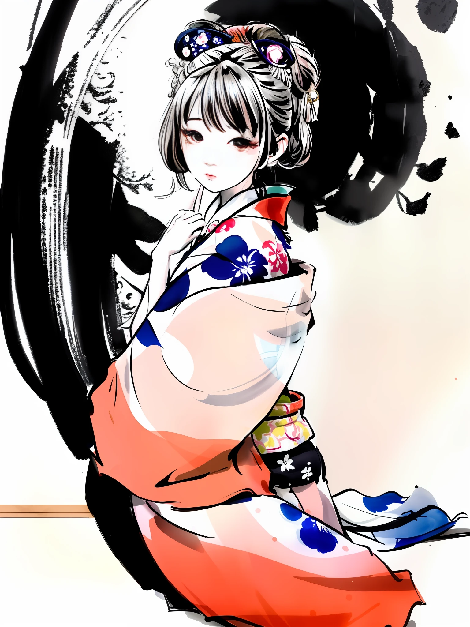 there is a drawing of a woman in a kimono, ink manga drawing, anime style portrait, traditional drawing style, pencil and ink manga drawing, anime style illustration, inspired by Torii Kiyonaga, anime style drawing, japanese anime artist drawn, manga art style, in a kimono, full color drawing, flat anime style shading, digital anime illustration