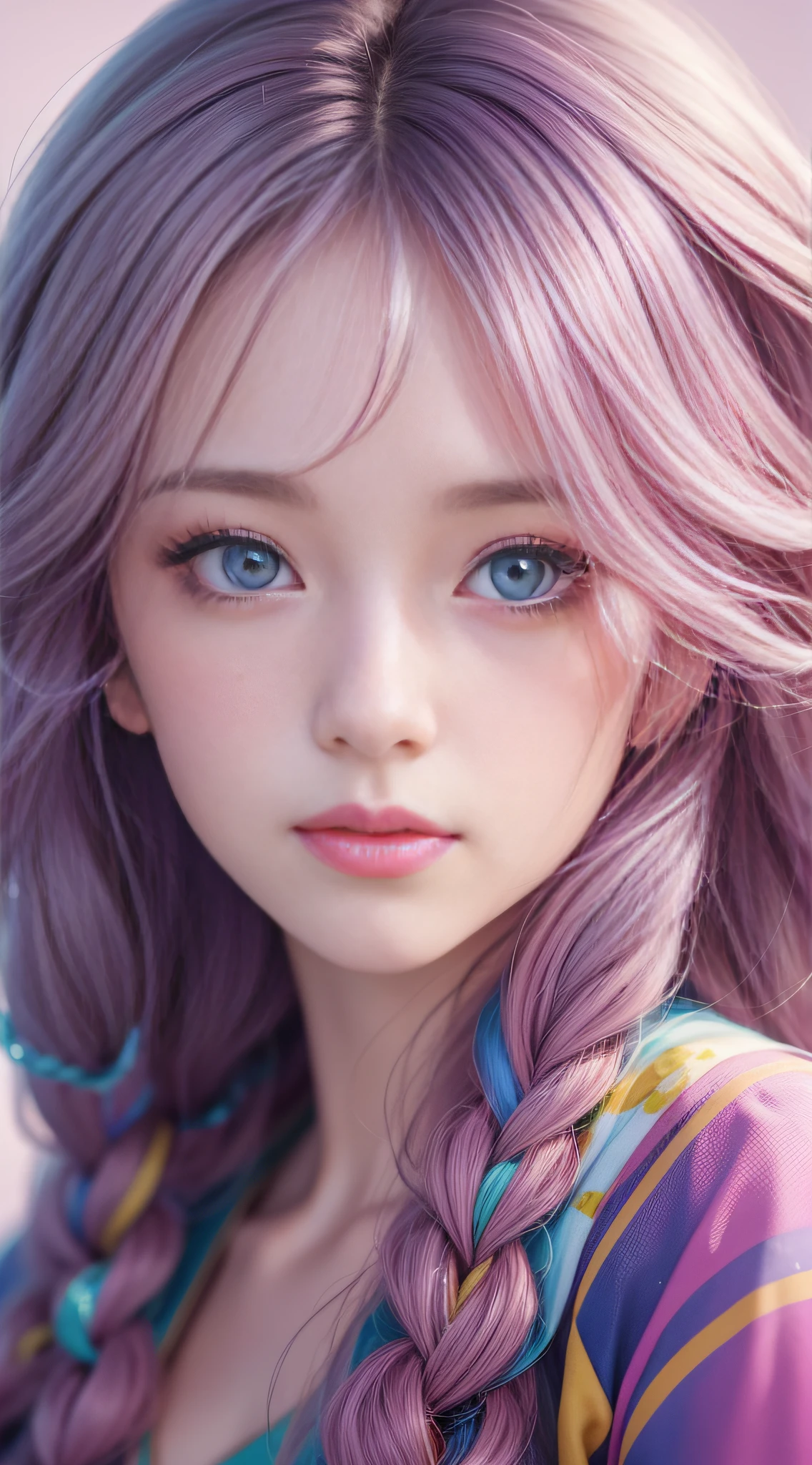 Close up of a woman with long hair, colorful hair, realistic portrait of kawaii, colorful braids, beautiful anime style, pure white background, white half sleeves, simple pattern on clothes, realistic anime art style, beautiful anime portrait, realistic anime art style, anime style. 8k, stunning anime face portrait, colorful]", vibrant fantasy style, cute art style, vibrant realistic color, anime realism style, beautiful anime girl, character as core, digital art